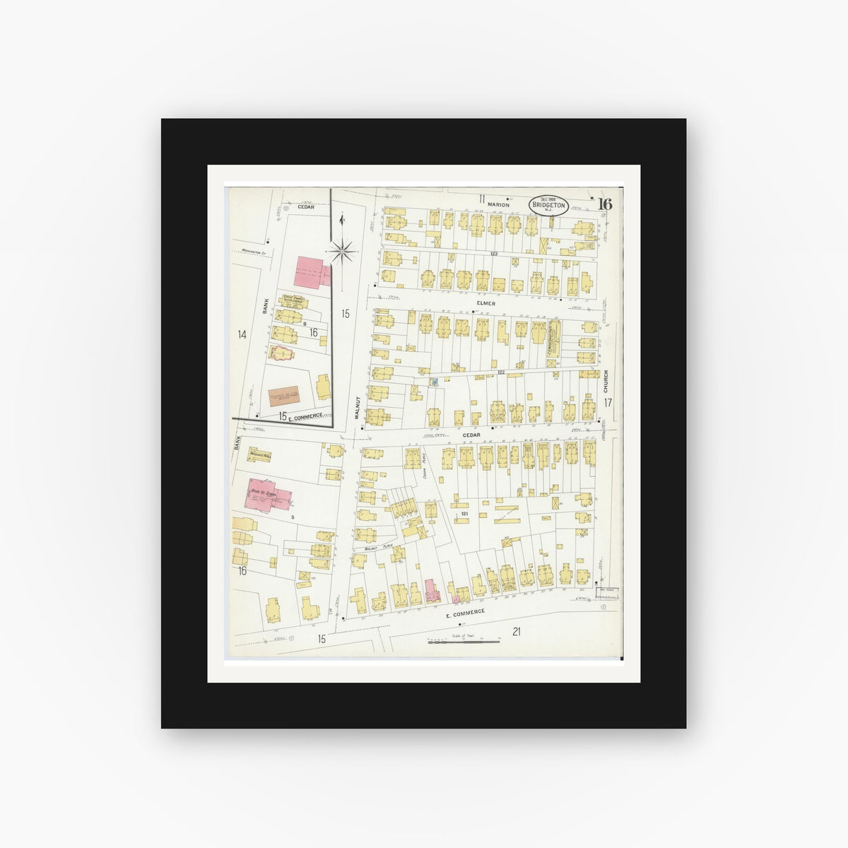 Old map wall art mockup — black gallery frame with white mat — Sanborn Fire Insurance Map from Bridgeton, Cumberland County, New Jersey (1908), Sheet #0016