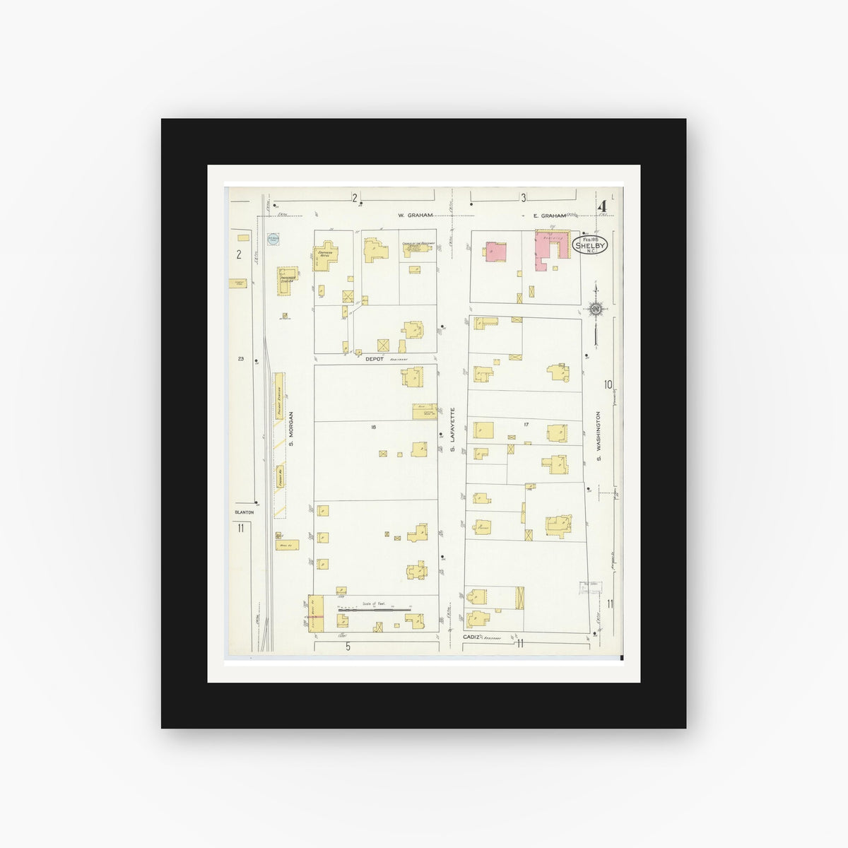 Old map wall art mockup — black gallery frame with white mat — Sanborn Fire Insurance Map from Shelby, Cleveland County, North Carolina (1916), Sheet #0004