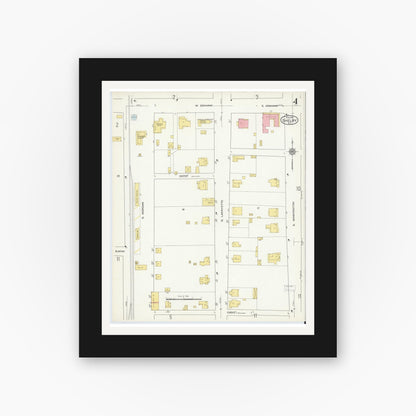 Old map wall art mockup — black gallery frame with white mat — Sanborn Fire Insurance Map from Shelby, Cleveland County, North Carolina (1916), Sheet #0004