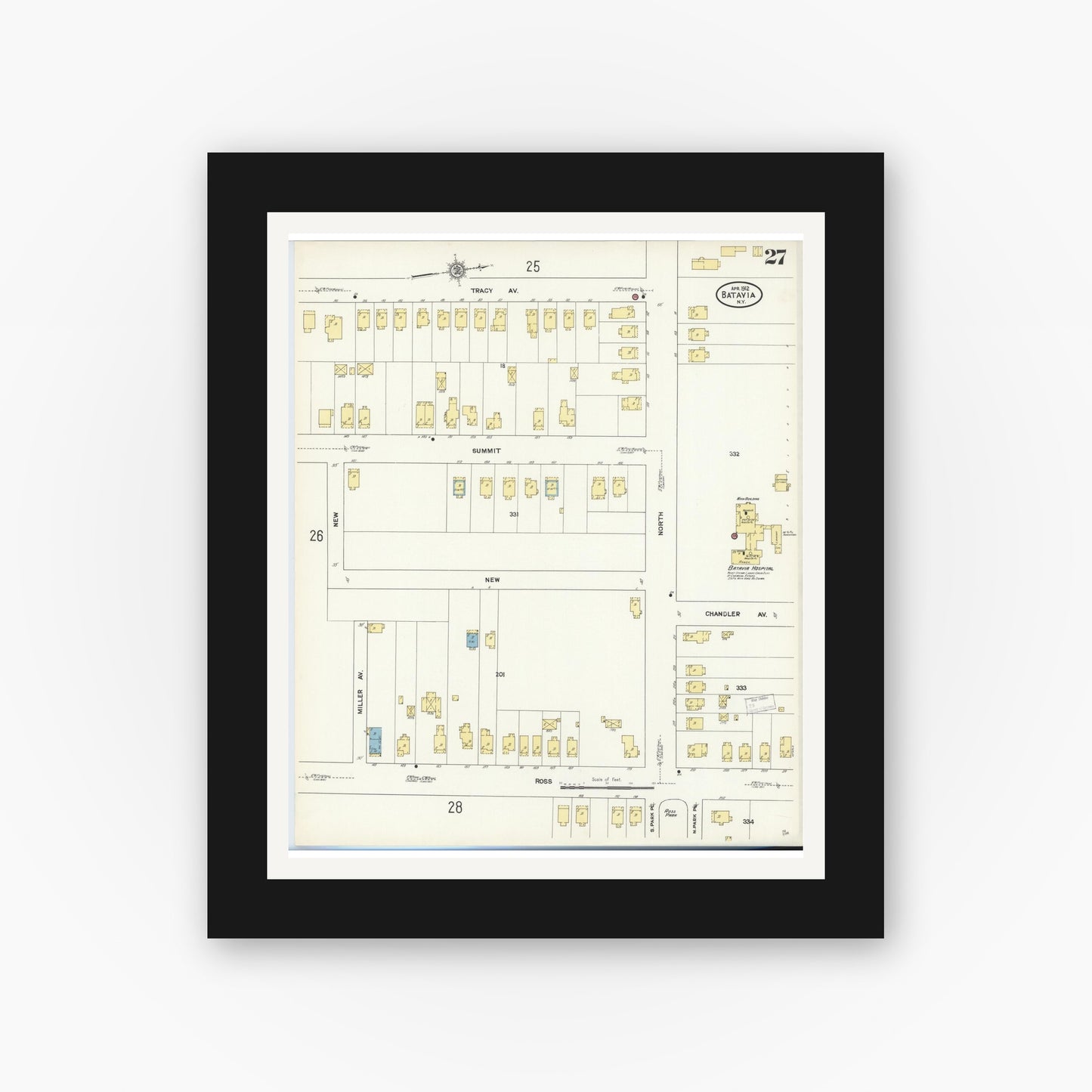 Old map wall art mockup — black gallery frame with white mat — Sanborn Fire Insurance Map from Batavia, Genesee County, New York (1912), Sheet #0027