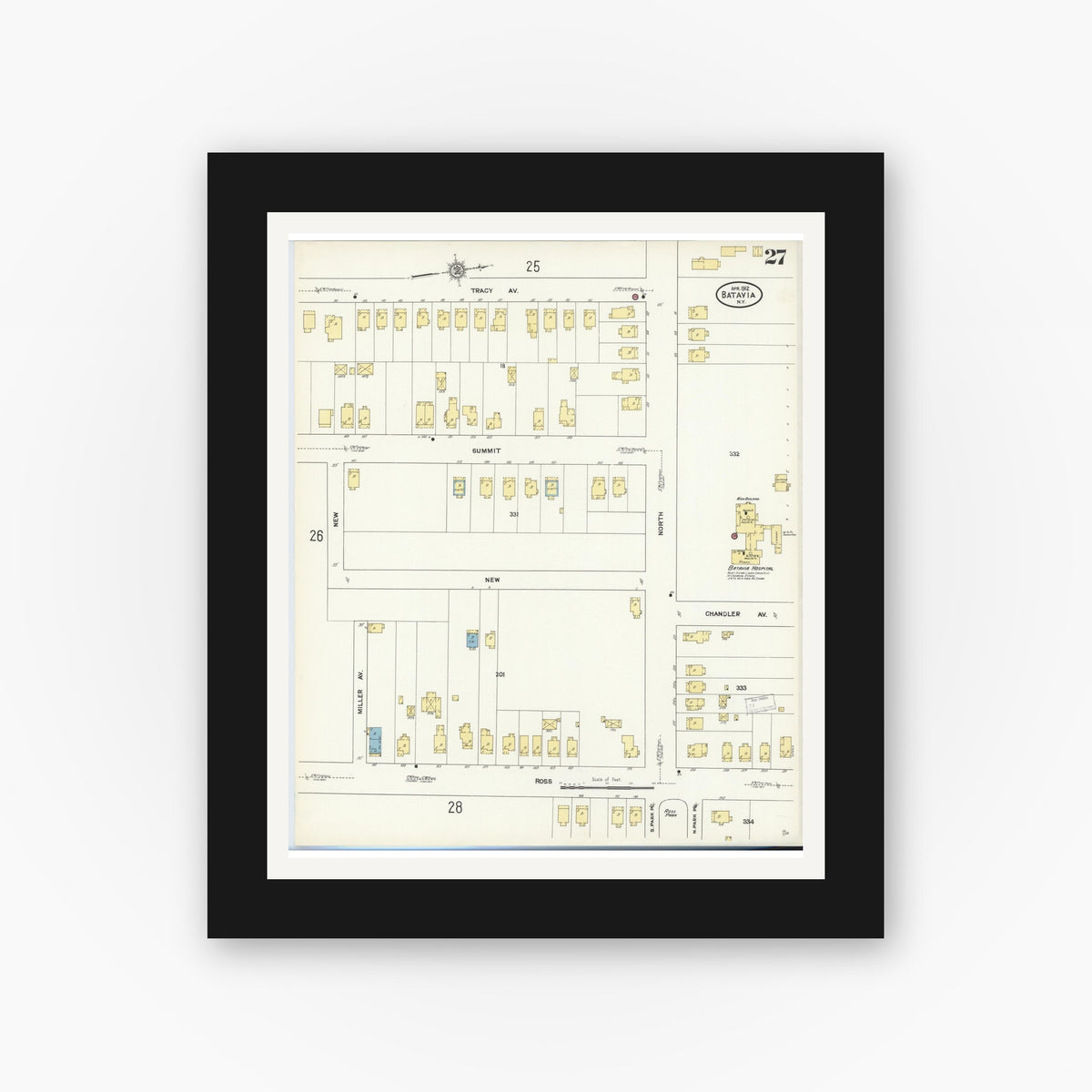 Old map wall art mockup — black gallery frame with white mat — Sanborn Fire Insurance Map from Batavia, Genesee County, New York (1912), Sheet #0027