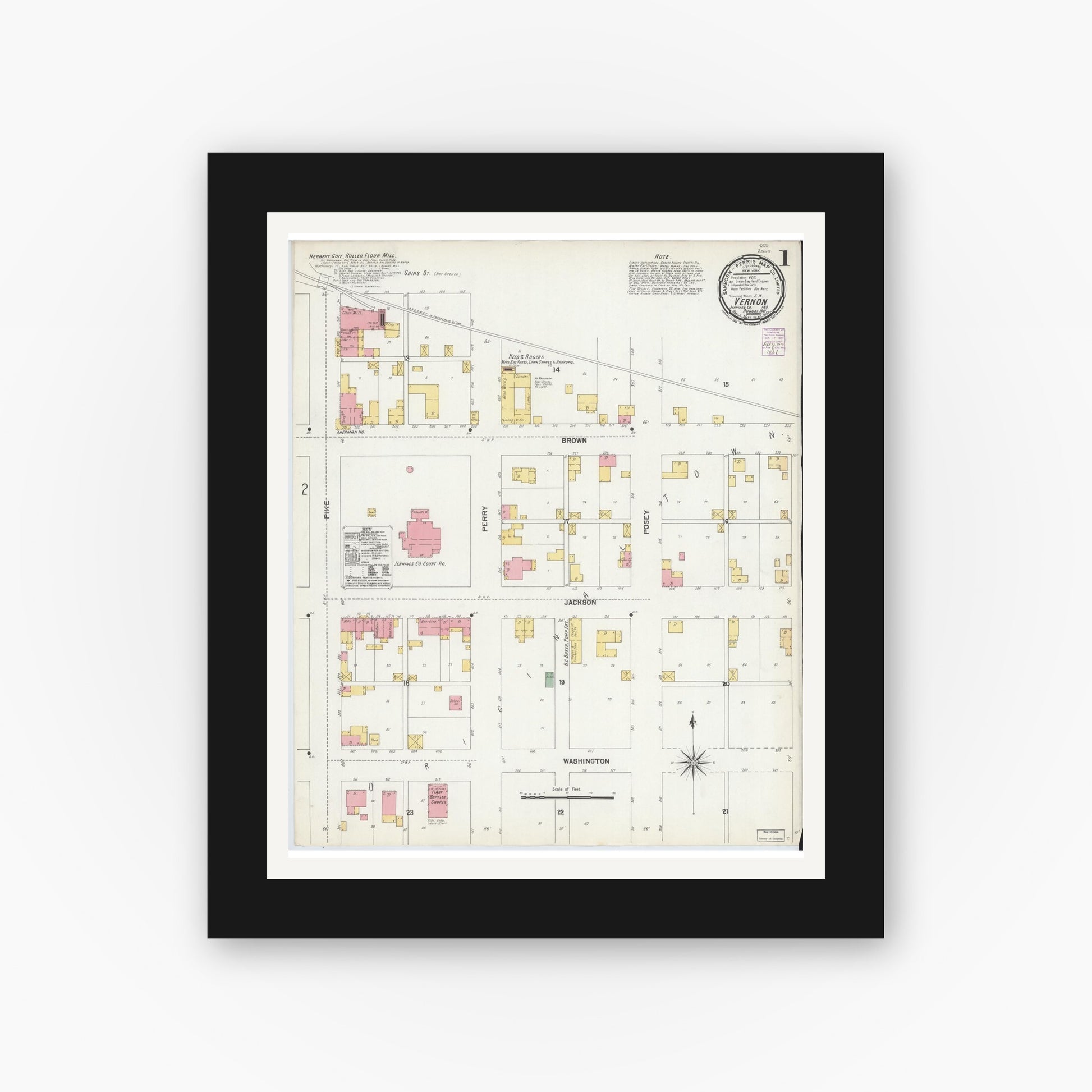 Old map wall art mockup — black gallery frame with white mat — Sanborn Fire Insurance Map from Vernon, Jennings County, Indiana (1901) - Complete Map Set
