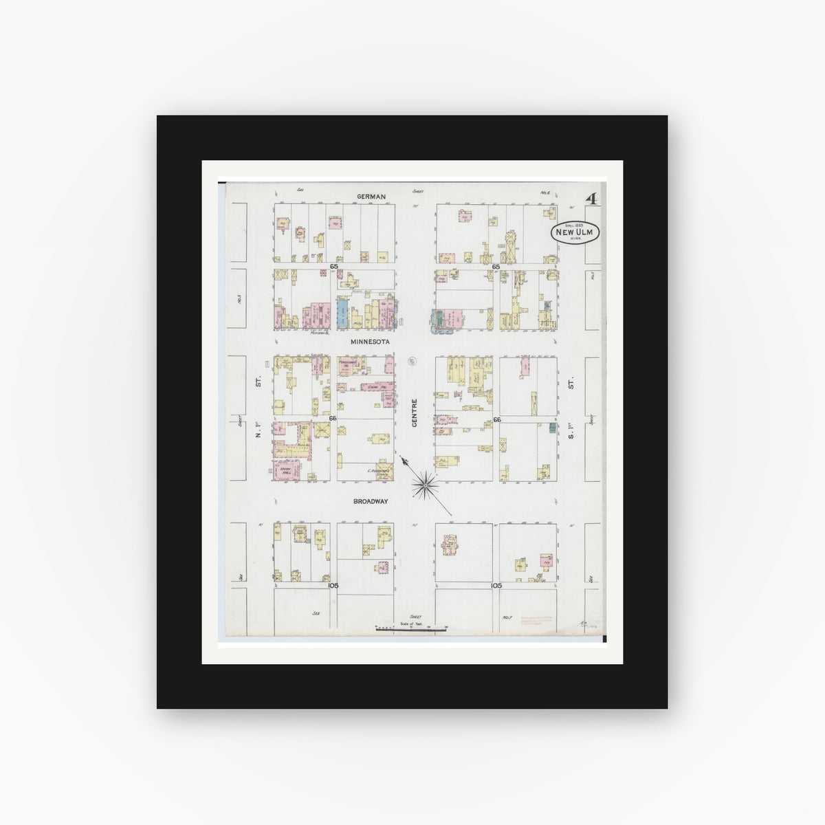 Old map wall art mockup — black gallery frame with white mat — Sanborn Fire Insurance Map from New Ulm, Brown County, Minnesota (1889), Sheet #0004