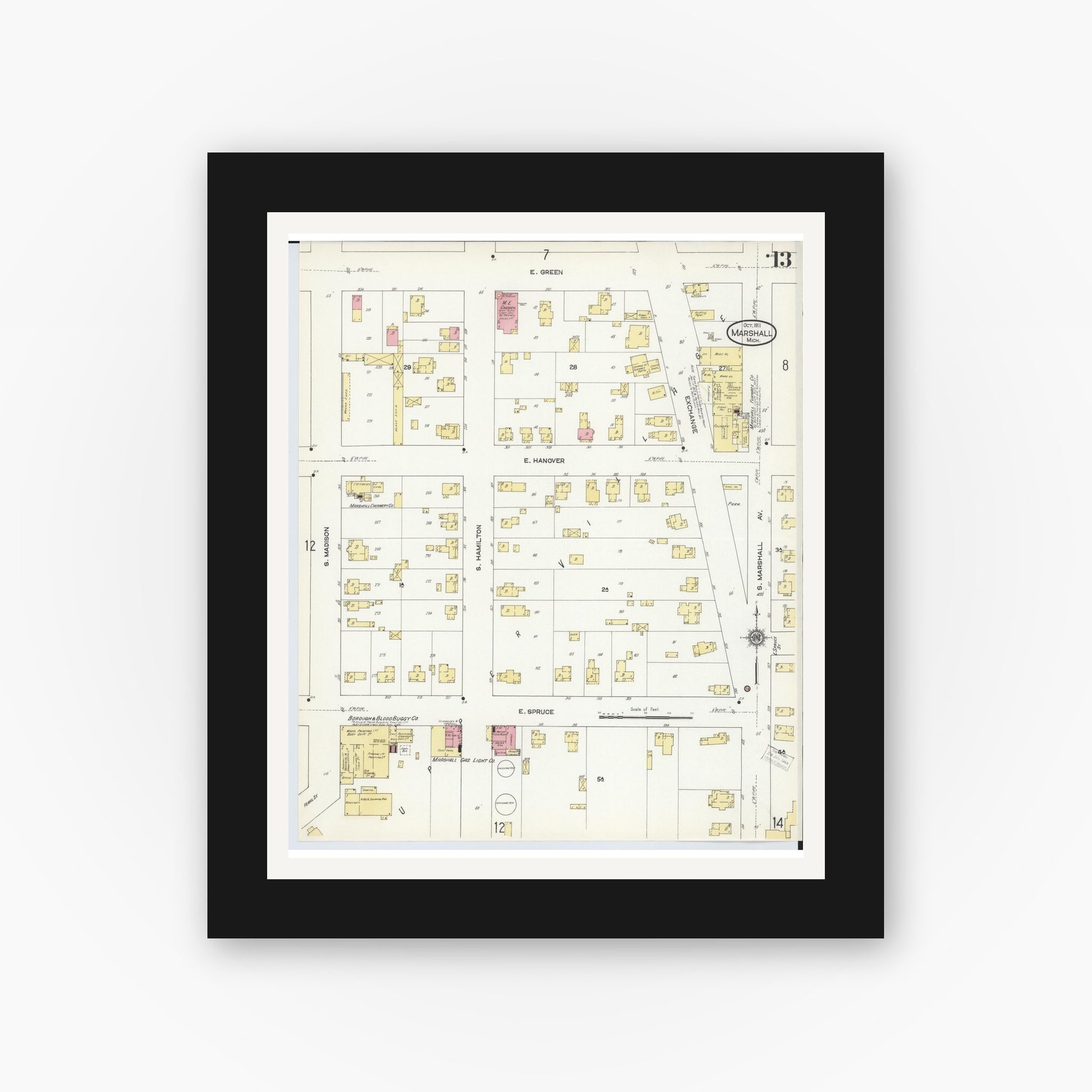 Old map wall art mockup — black gallery frame with white mat — Sanborn Fire Insurance Map from Marshall, Calhoun County, Michigan (1911), Sheet #0013