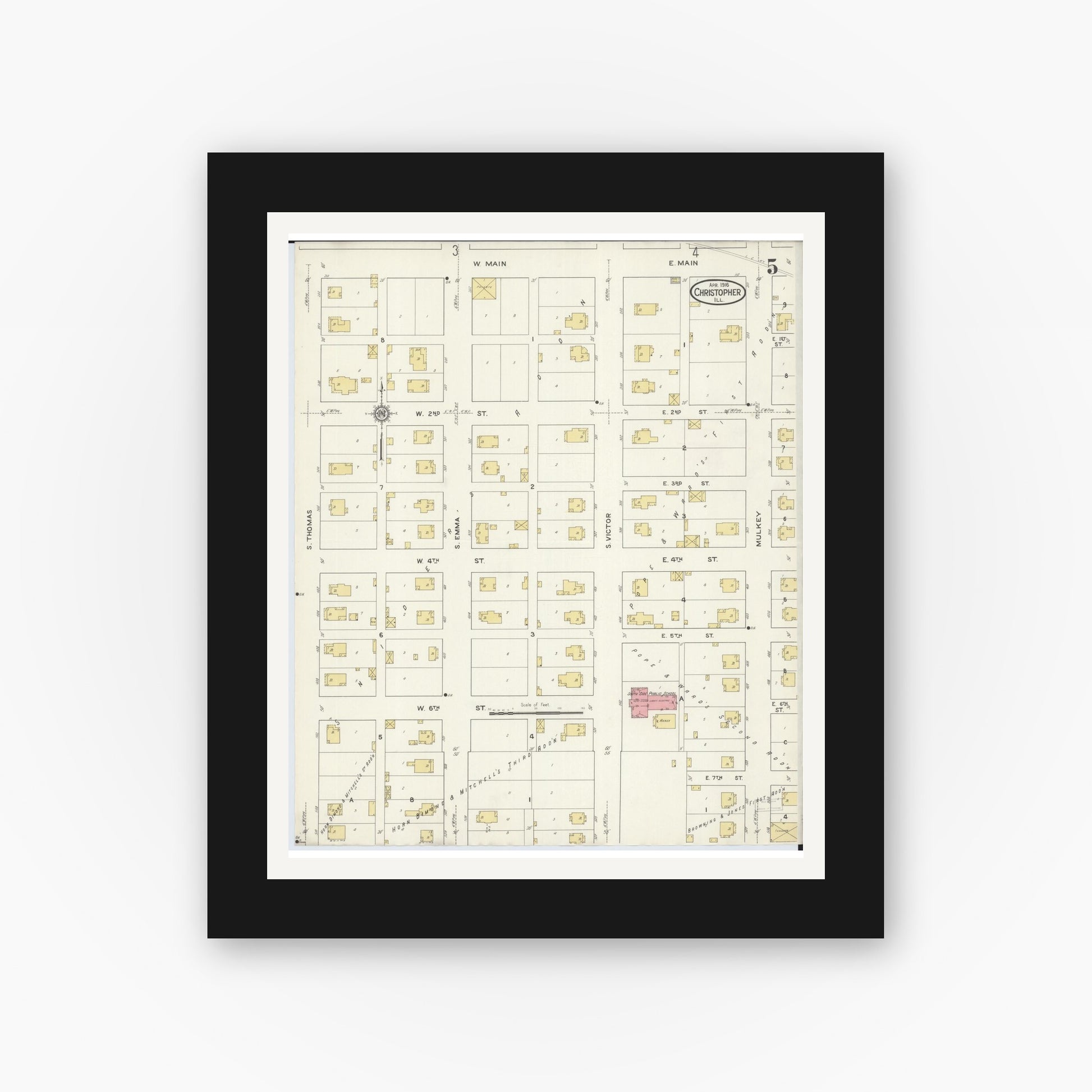 Old map wall art mockup — black gallery frame with white mat — Sanborn Fire Insurance Map from Christopher, Franklin County, Illinois (1916), Sheet #0005