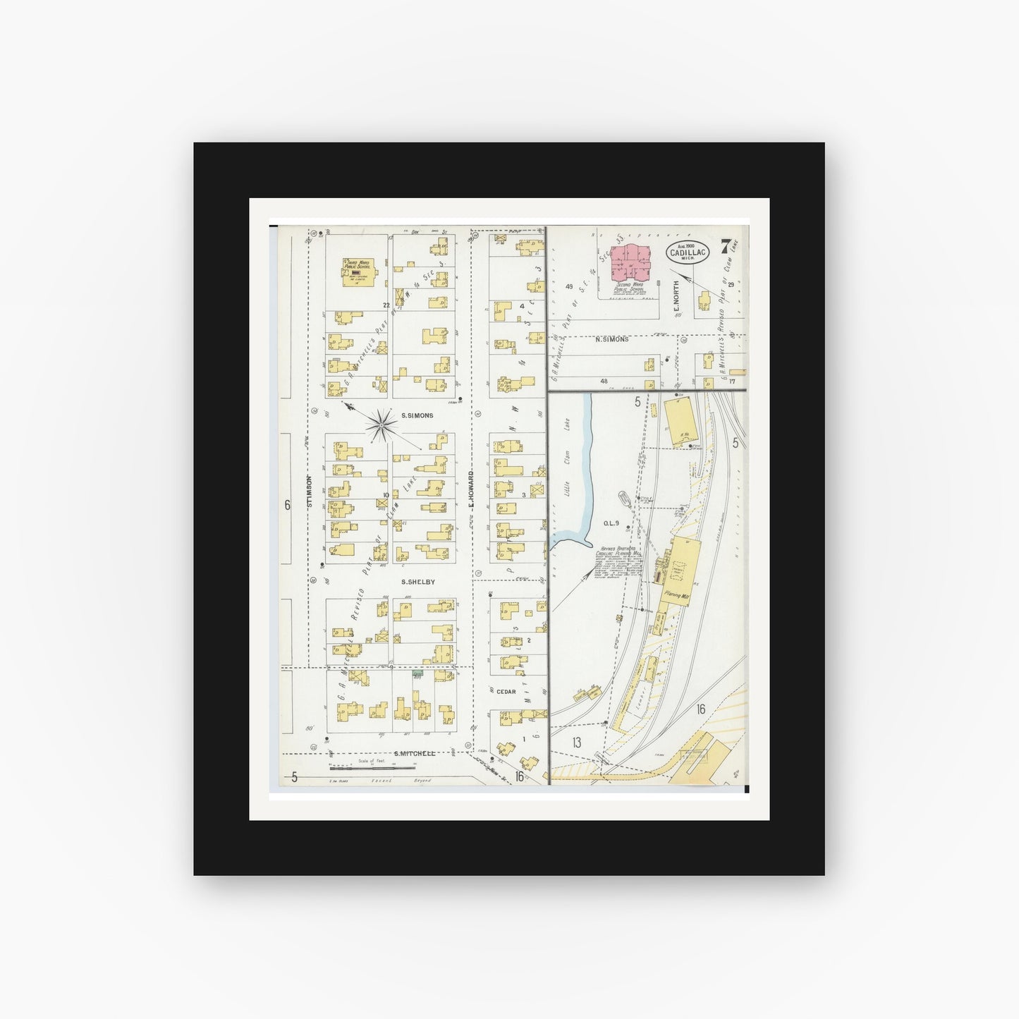 Old map wall art mockup — black gallery frame with white mat — Sanborn Fire Insurance Map from Cadillac, Wexford County, Michigan (1900), Sheet #0007