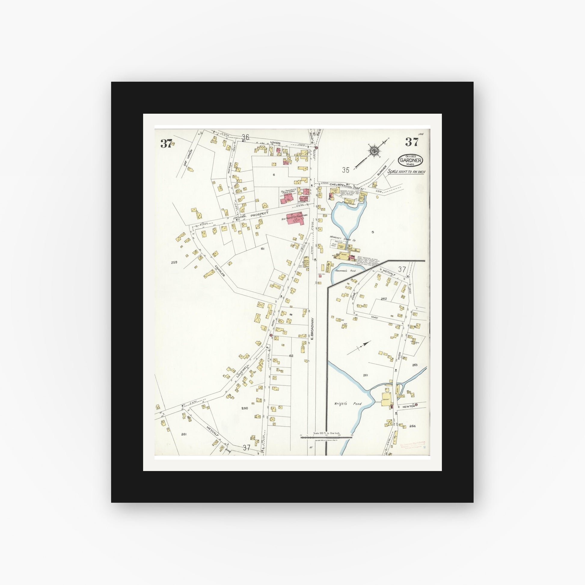 Old map wall art mockup — black gallery frame with white mat — Sanborn Fire Insurance Map from Gardner, Worcester County, Massachusetts (1923), Sheet #0037
