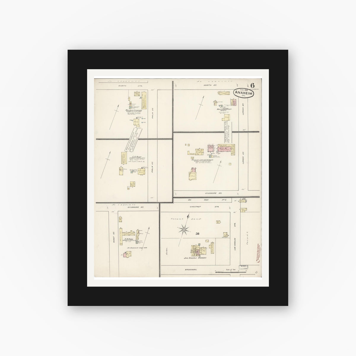 Old map wall art mockup — black gallery frame with white mat — Sanborn Fire Insurance Map from Anaheim, Orange County, California (1888), Sheet #0006