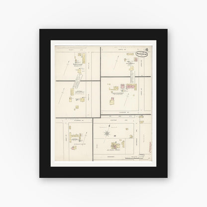 Old map wall art mockup — black gallery frame with white mat — Sanborn Fire Insurance Map from Anaheim, Orange County, California (1888), Sheet #0006