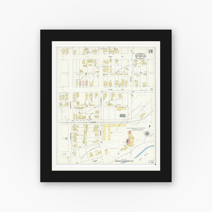 Old map wall art mockup — black gallery frame with white mat — Sanborn Fire Insurance Map from Mount Vernon, Posey County, Indiana (1907), Sheet #0012
