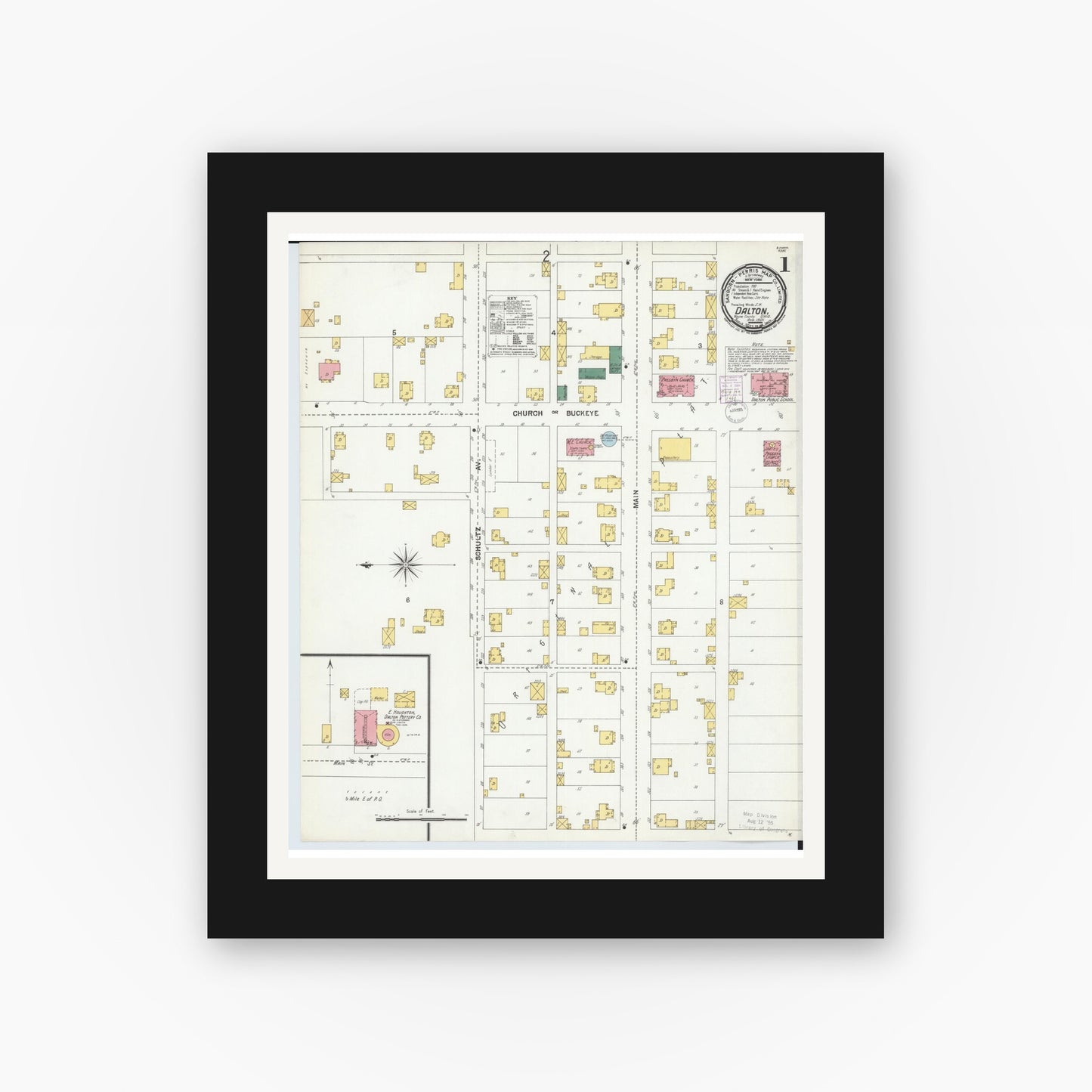 Old map wall art mockup — black gallery frame with white mat — Sanborn Fire Insurance Map from Dalton, Wayne County, Ohio (1901), Sheet #0001