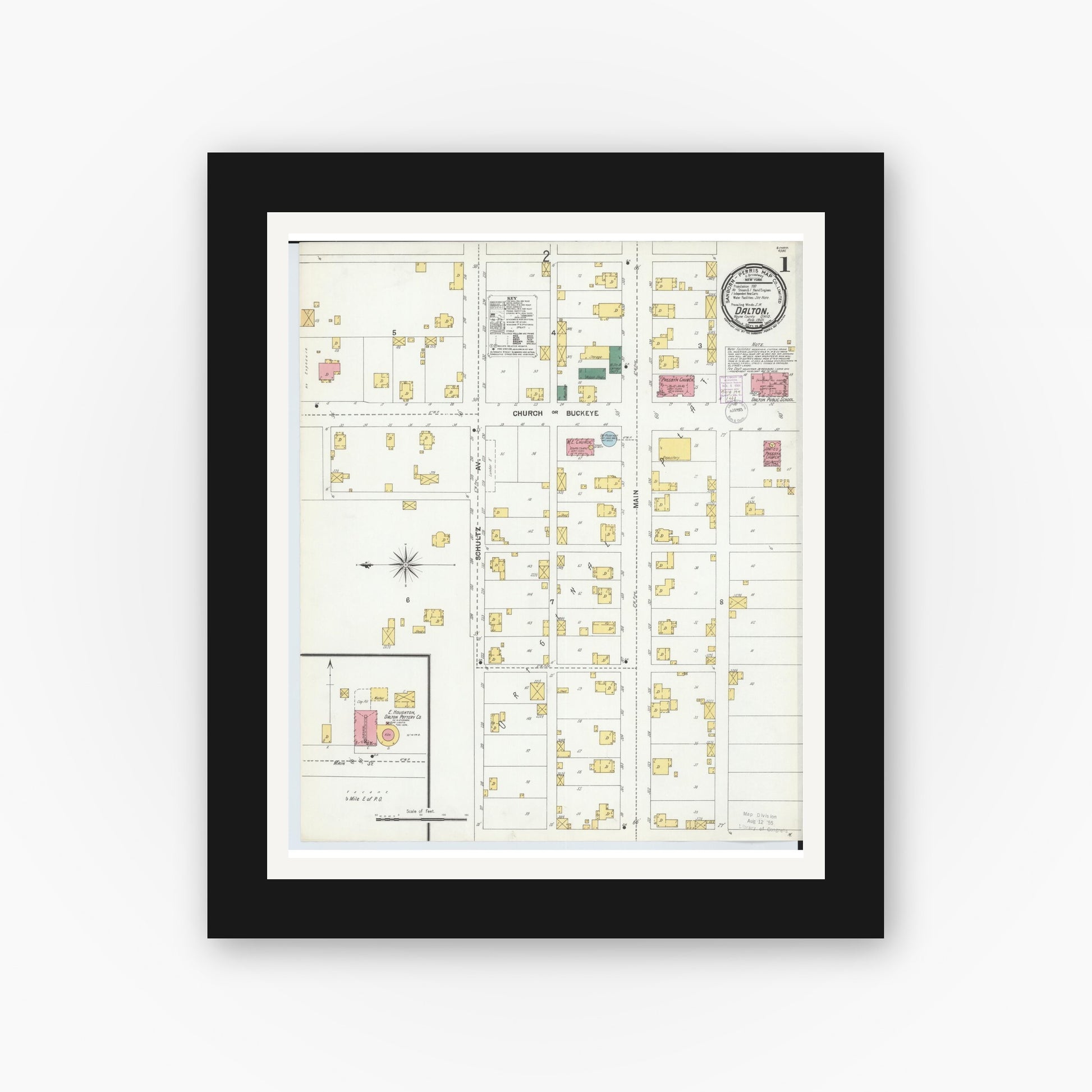 Old map wall art mockup — black gallery frame with white mat — Sanborn Fire Insurance Map from Dalton, Wayne County, Ohio (1901), Sheet #0001