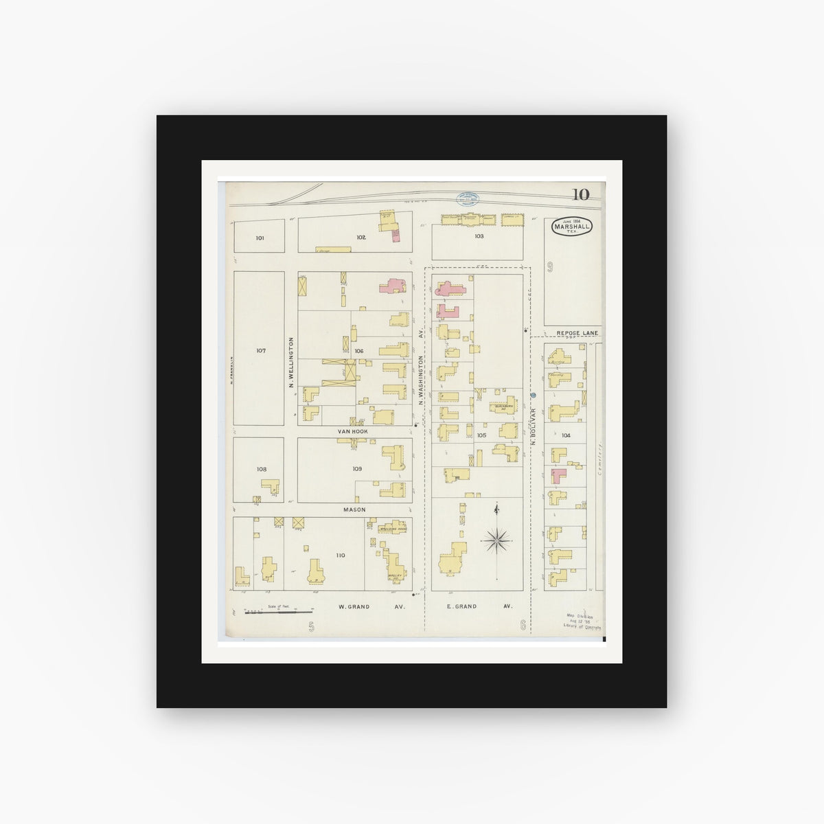 Old map wall art mockup — black gallery frame with white mat — Sanborn Fire Insurance Map from Marshall, Harrison County, Texas (1894), Sheet #0010