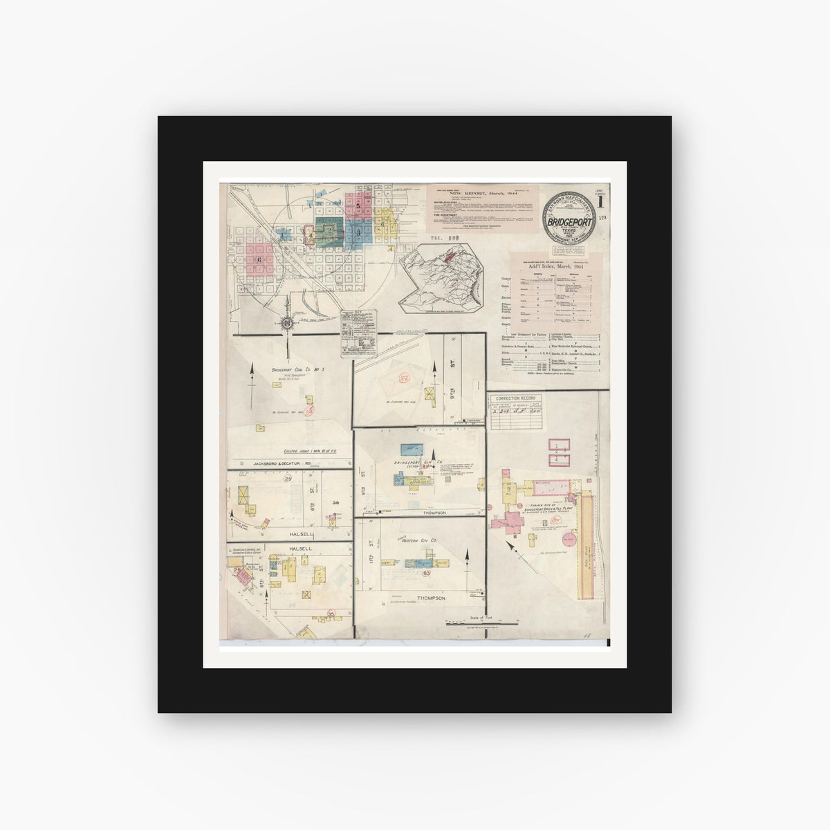 Old map wall art mockup — black gallery frame with white mat — Sanborn Fire Insurance Map from Bridgeport, Wise County, Texas (1944) - Complete Map Set