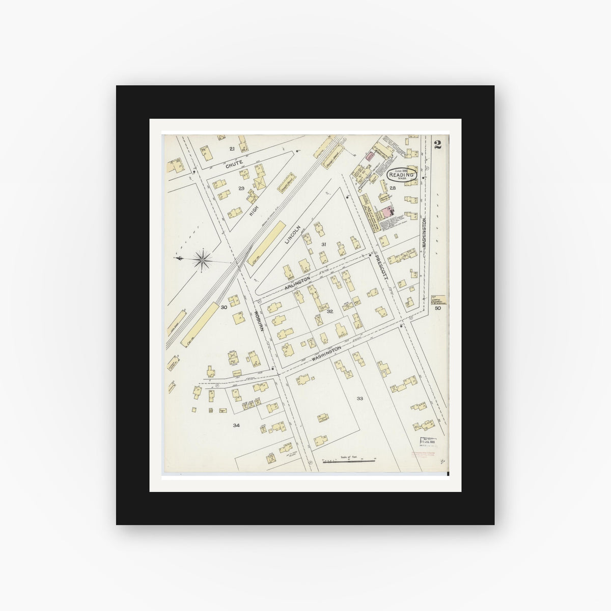 Old map wall art mockup — black gallery frame with white mat — Sanborn Fire Insurance Map from Reading, Middlesex County, Massachusetts (1892), Sheet #0002