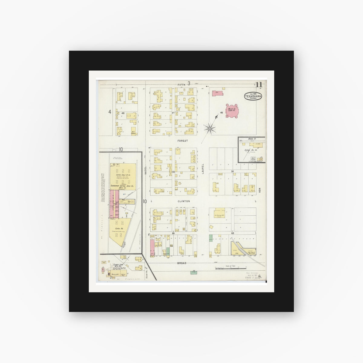 Old map wall art mockup — black gallery frame with white mat — Sanborn Fire Insurance Map from Texarkana, Bowie County, Texas (1896), Sheet #0011
