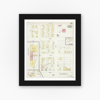 Old map wall art mockup — black gallery frame with white mat — Sanborn Fire Insurance Map from Texarkana, Bowie County, Texas (1896), Sheet #0011