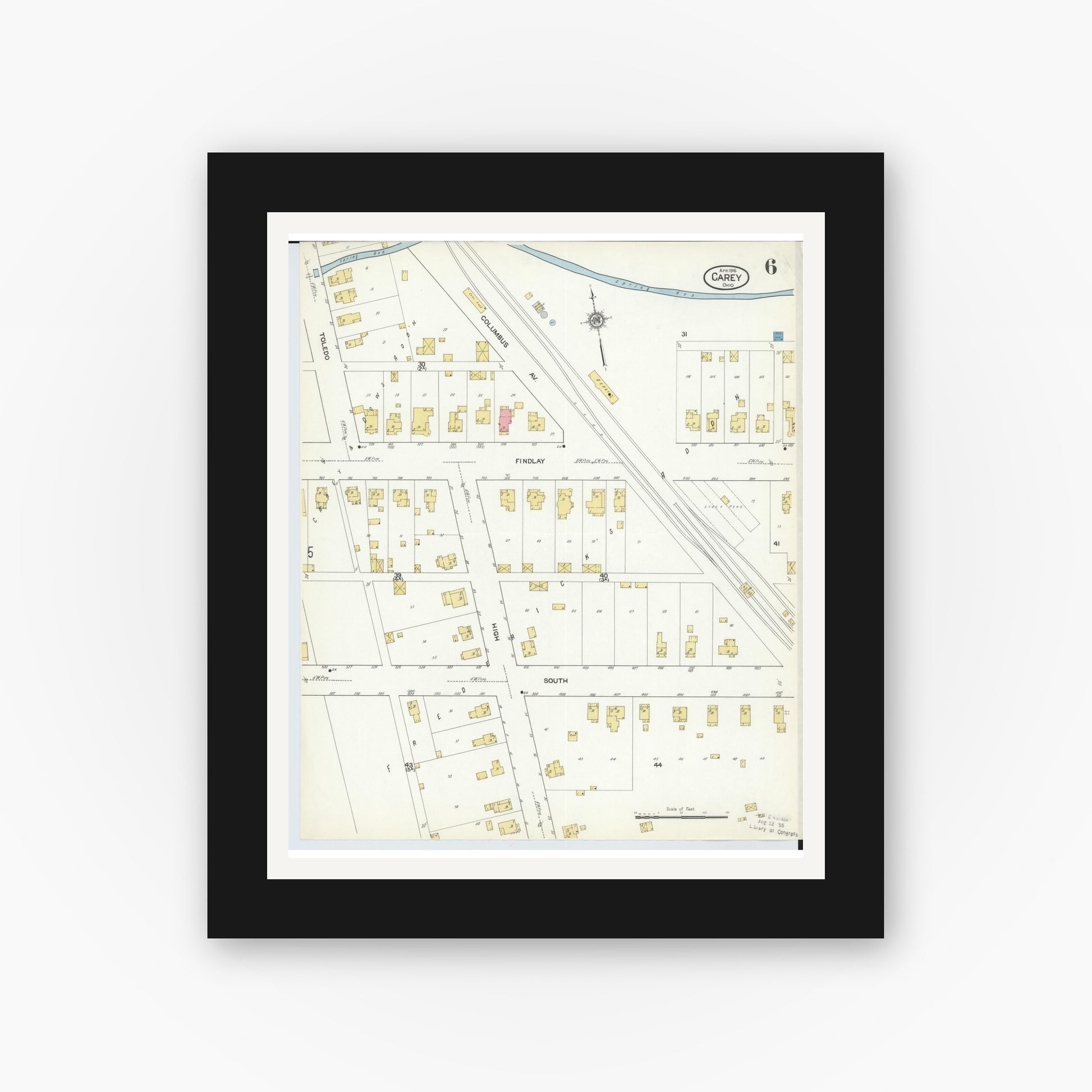 Old map wall art mockup — black gallery frame with white mat — Sanborn Fire Insurance Map from Carey, Wyandot County, Ohio (1916), Sheet #0006