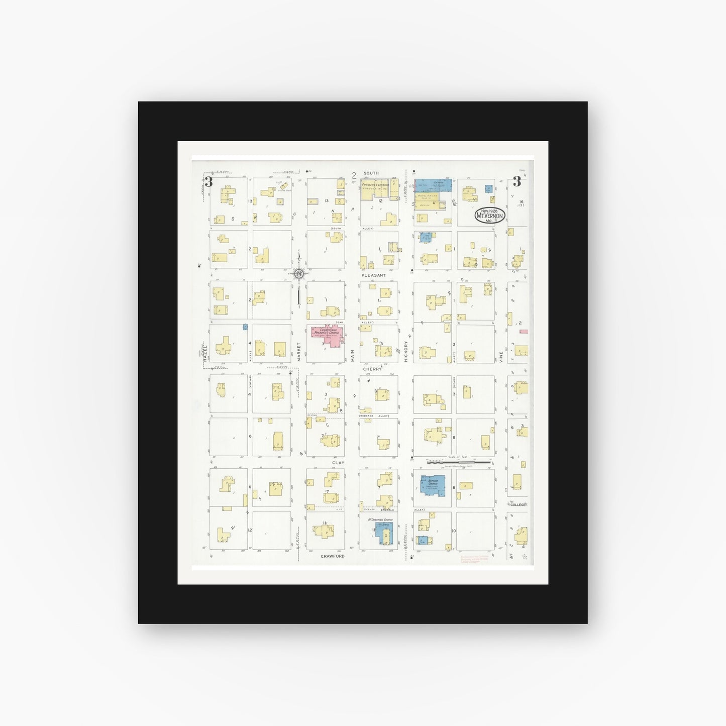 Old map wall art mockup — black gallery frame with white mat — Sanborn Fire Insurance Map from Mount Vernon, Lawrence County, Missouri (1928), Sheet #0003