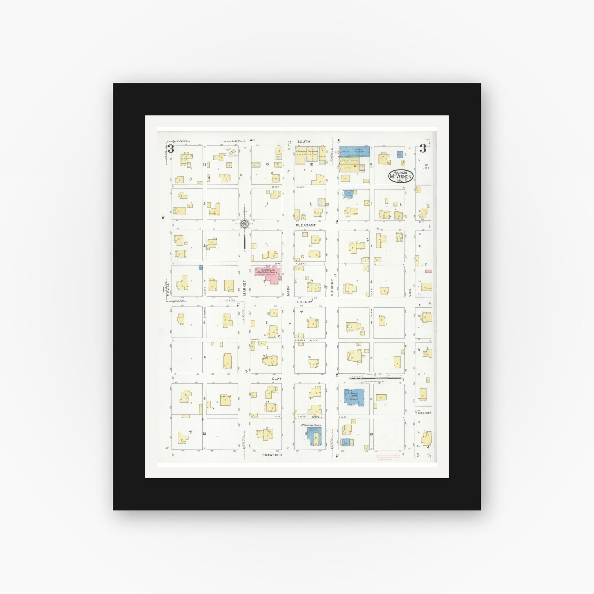 Old map wall art mockup — black gallery frame with white mat — Sanborn Fire Insurance Map from Mount Vernon, Lawrence County, Missouri (1928), Sheet #0003