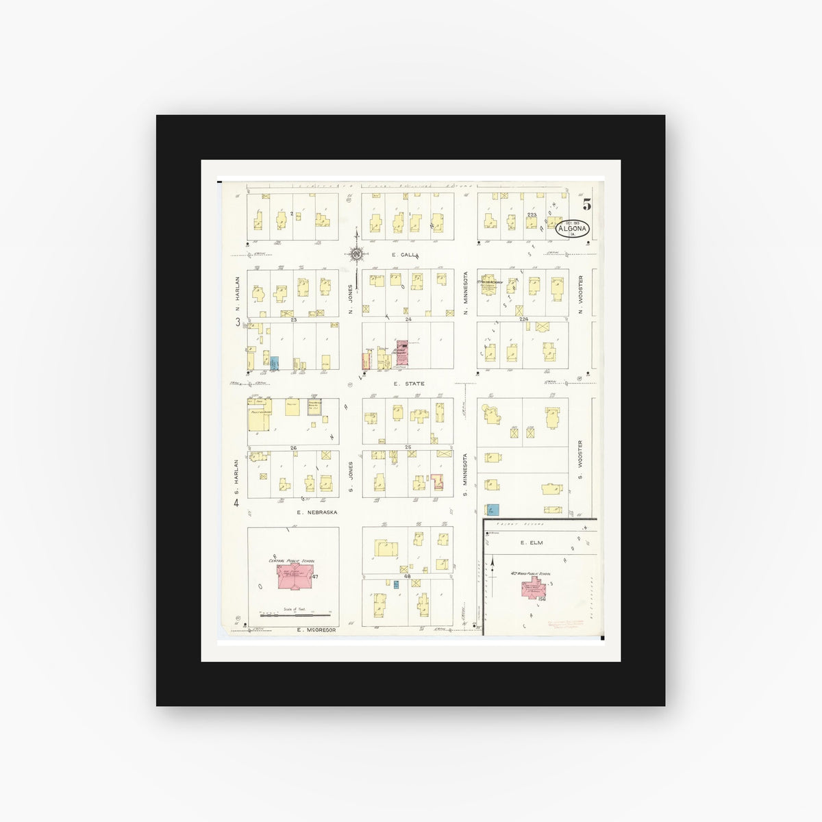 Old map wall art mockup — black gallery frame with white mat — Sanborn Fire Insurance Map from Algona, Kossuth County, Iowa (1913), Sheet #0005