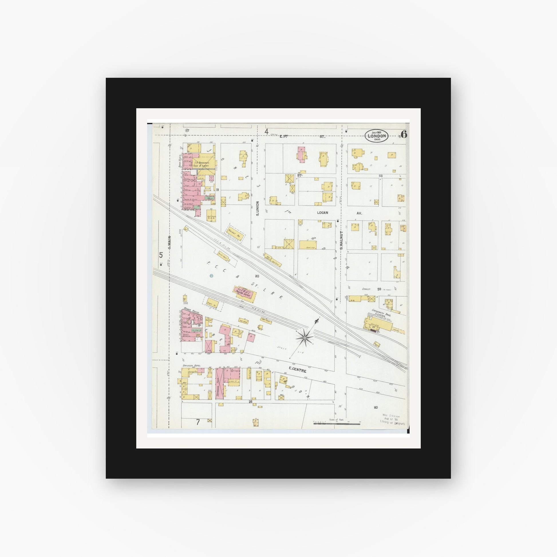 Old map wall art mockup — black gallery frame with white mat — Sanborn Fire Insurance Map from London, Madison County, Ohio (1901), Sheet #0006
