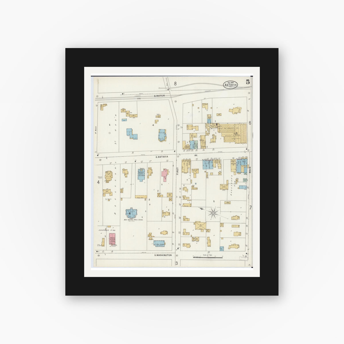 Old map wall art mockup — black gallery frame with white mat — Sanborn Fire Insurance Map from Batavia, Kane County, Illinois (1897), Sheet #0005