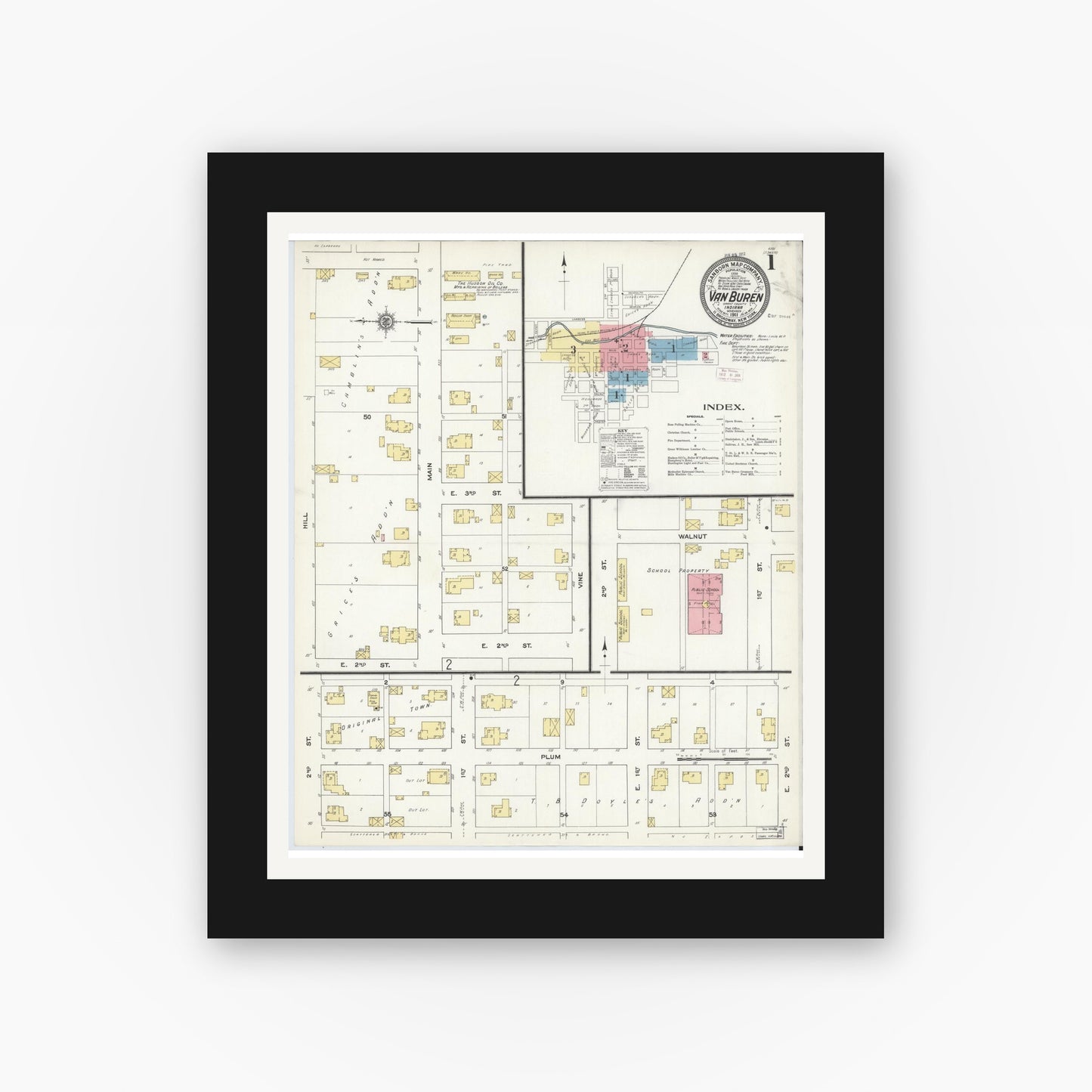 Old map wall art mockup — black gallery frame with white mat — Sanborn Fire Insurance Map from Van Buren, Grant County, Indiana (1911) - Complete Map Set