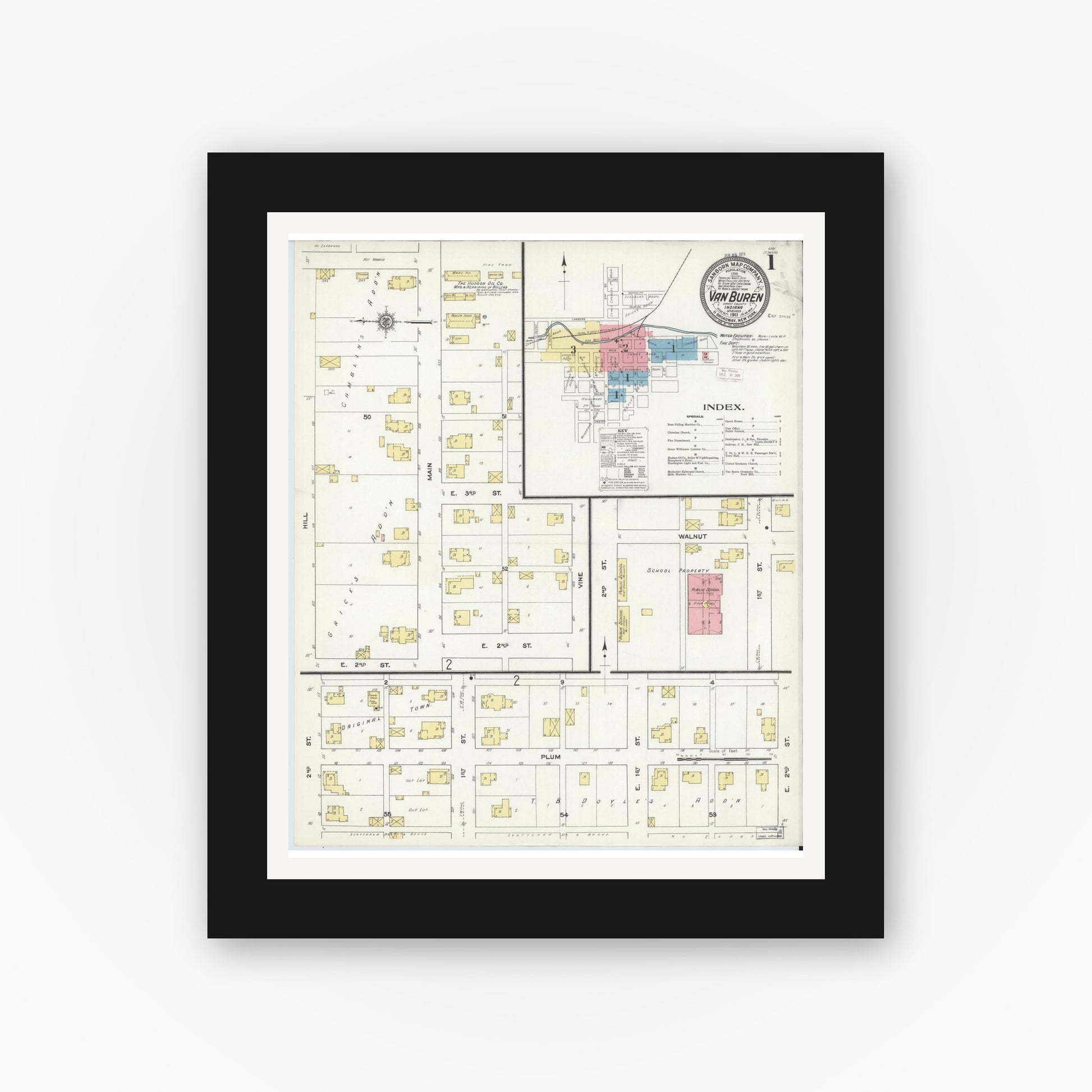 Old map wall art mockup — black gallery frame with white mat — Sanborn Fire Insurance Map from Van Buren, Grant County, Indiana (1911) - Complete Map Set