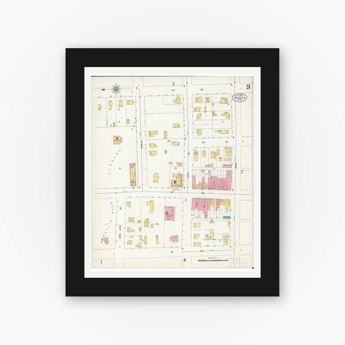 Old map wall art mockup — black gallery frame with white mat — Sanborn Fire Insurance Map from Waseca, Waseca County, Minnesota (1904), Sheet #0003