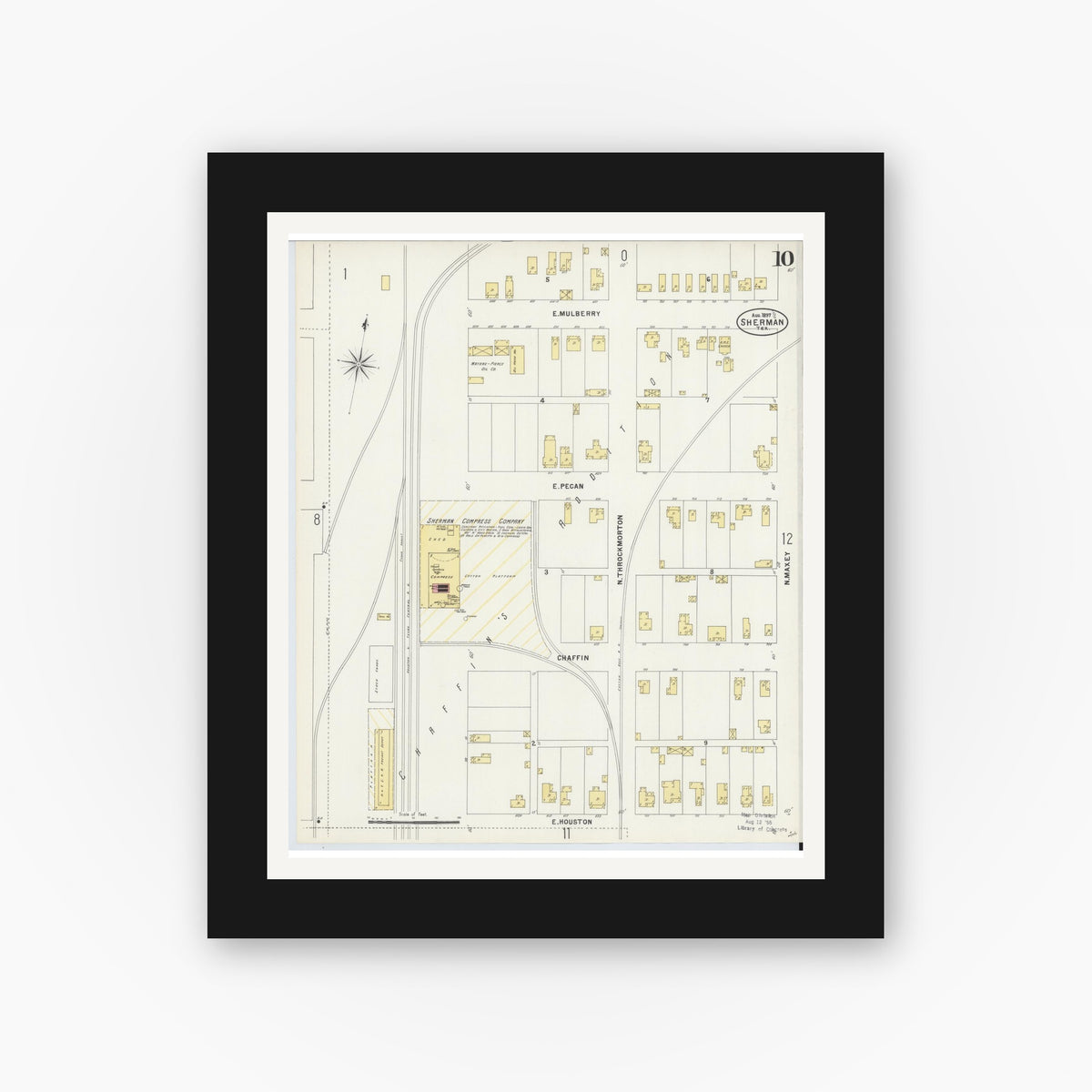 Old map wall art mockup — black gallery frame with white mat — Sanborn Fire Insurance Map from Sherman, Grayson County, Texas (1897), Sheet #0010