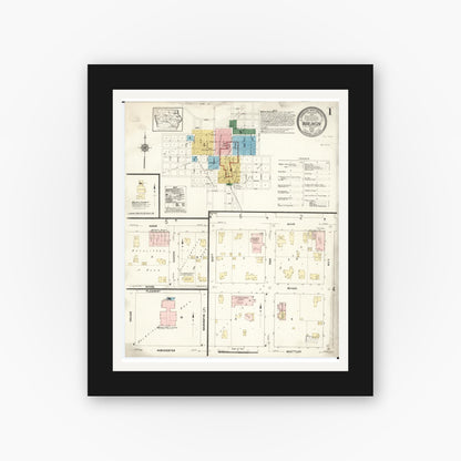 Old map wall art mockup — black gallery frame with white mat — Sanborn Fire Insurance Map from Waukon, Allamakee County, Iowa (1913), Sheet #0001