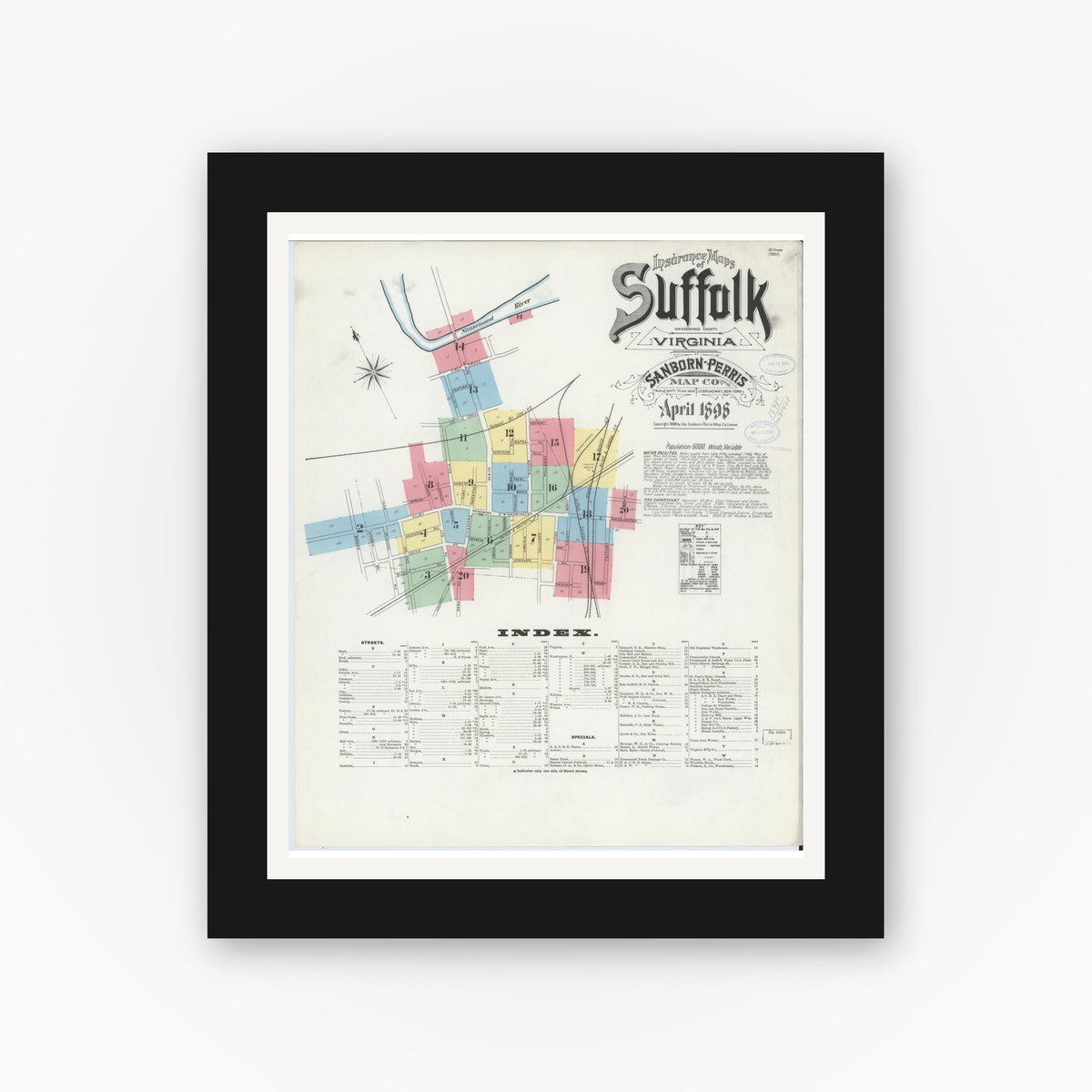 Old map wall art mockup — black gallery frame with white mat — Sanborn Fire Insurance Map from Suffolk, Independent Cities, Virginia (1898) - Complete Map Set