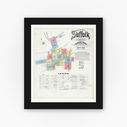 Old map wall art mockup — black gallery frame with white mat — Sanborn Fire Insurance Map from Suffolk, Independent Cities, Virginia (1898) - Complete Map Set