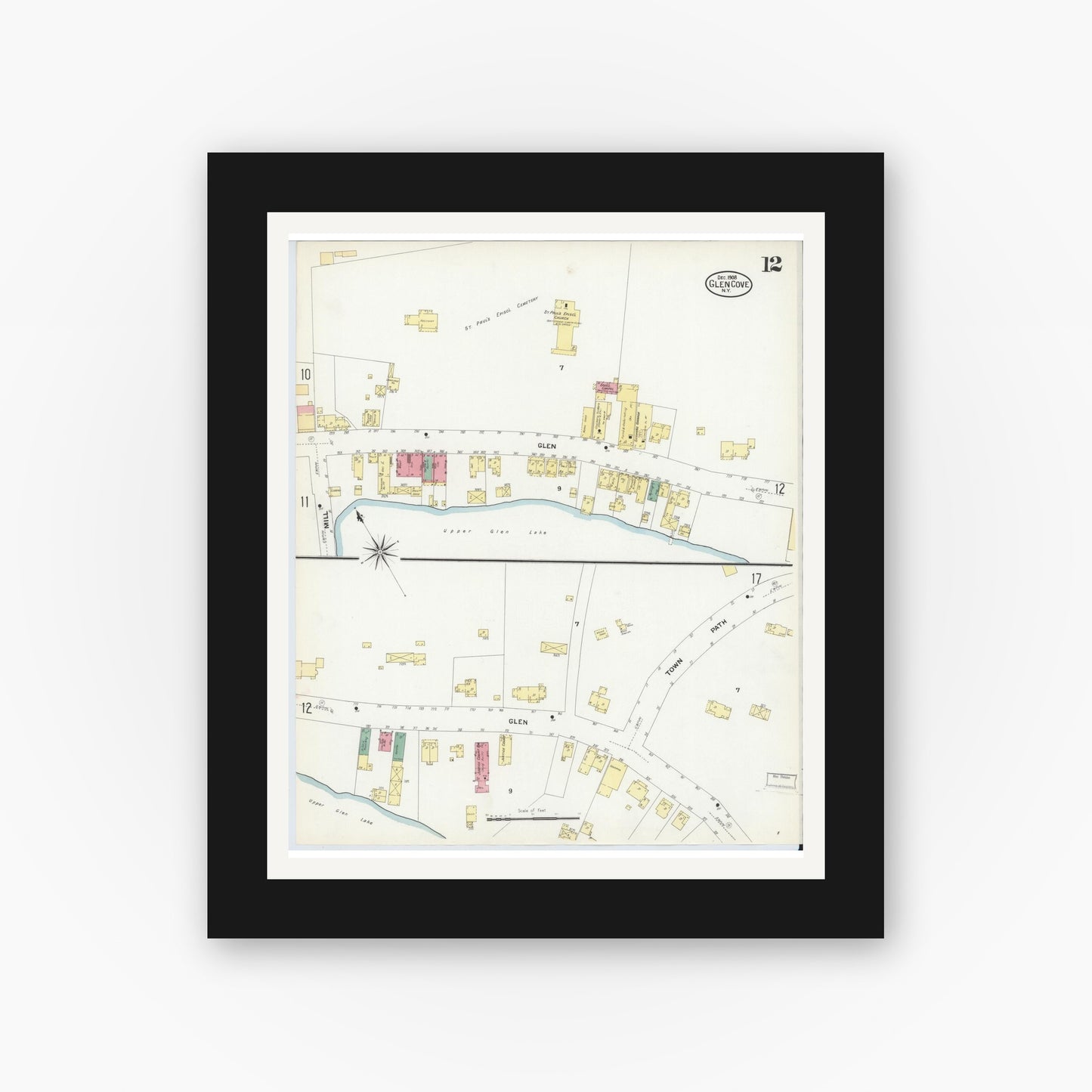Old map wall art mockup — black gallery frame with white mat — Sanborn Fire Insurance Map from Glen Cove, Nassau County, New York (1908), Sheet #0012