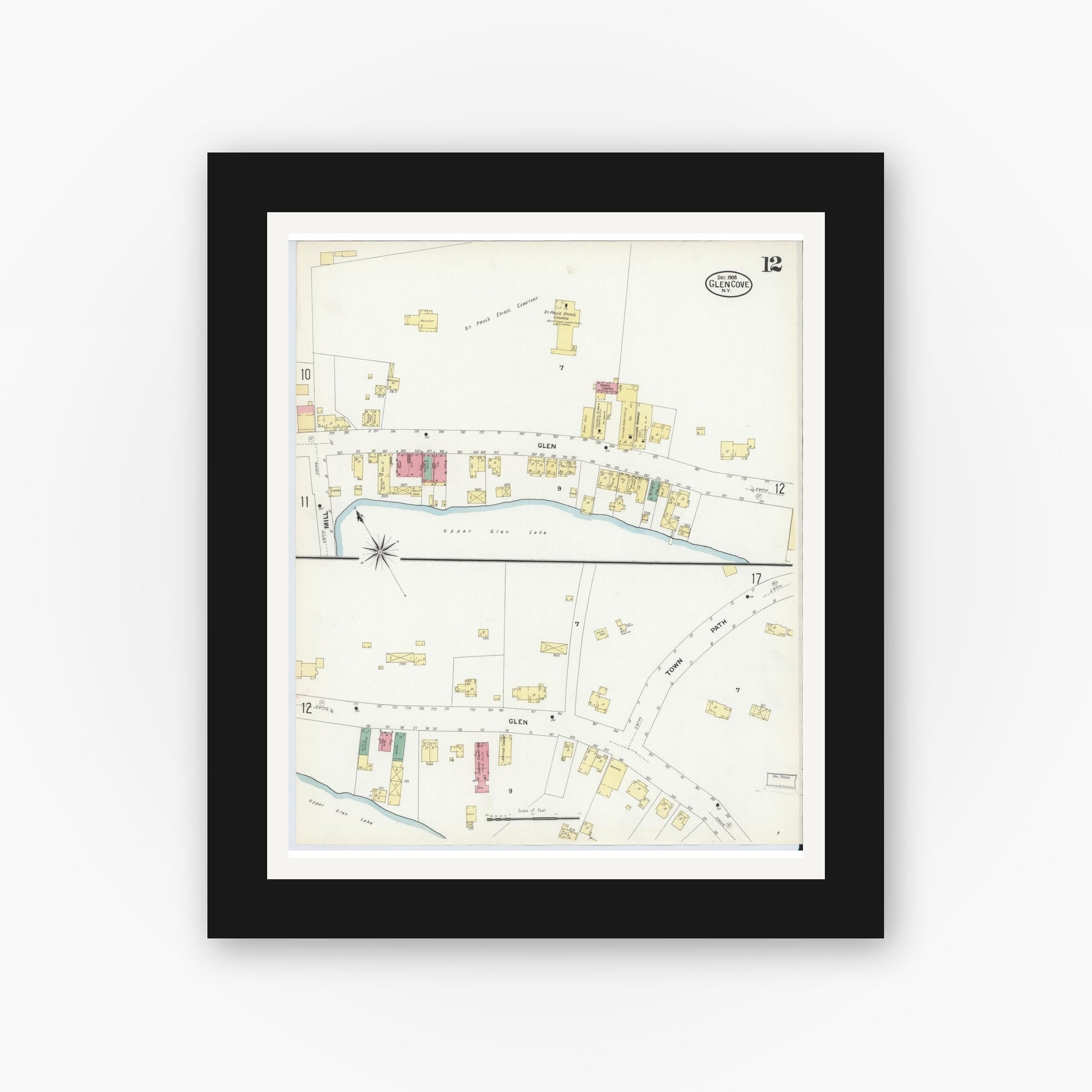Old map wall art mockup — black gallery frame with white mat — Sanborn Fire Insurance Map from Glen Cove, Nassau County, New York (1908), Sheet #0012