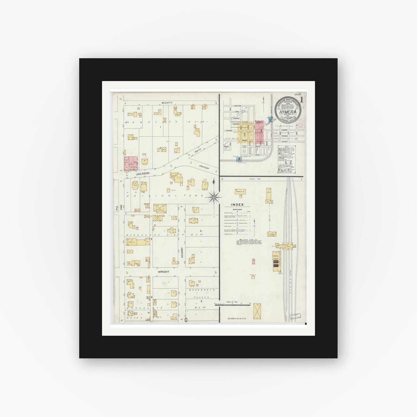 Old map wall art mockup — black gallery frame with white mat — Sanborn Fire Insurance Map from Hymera, Sullivan County, Indiana (1904) - Complete Map Set