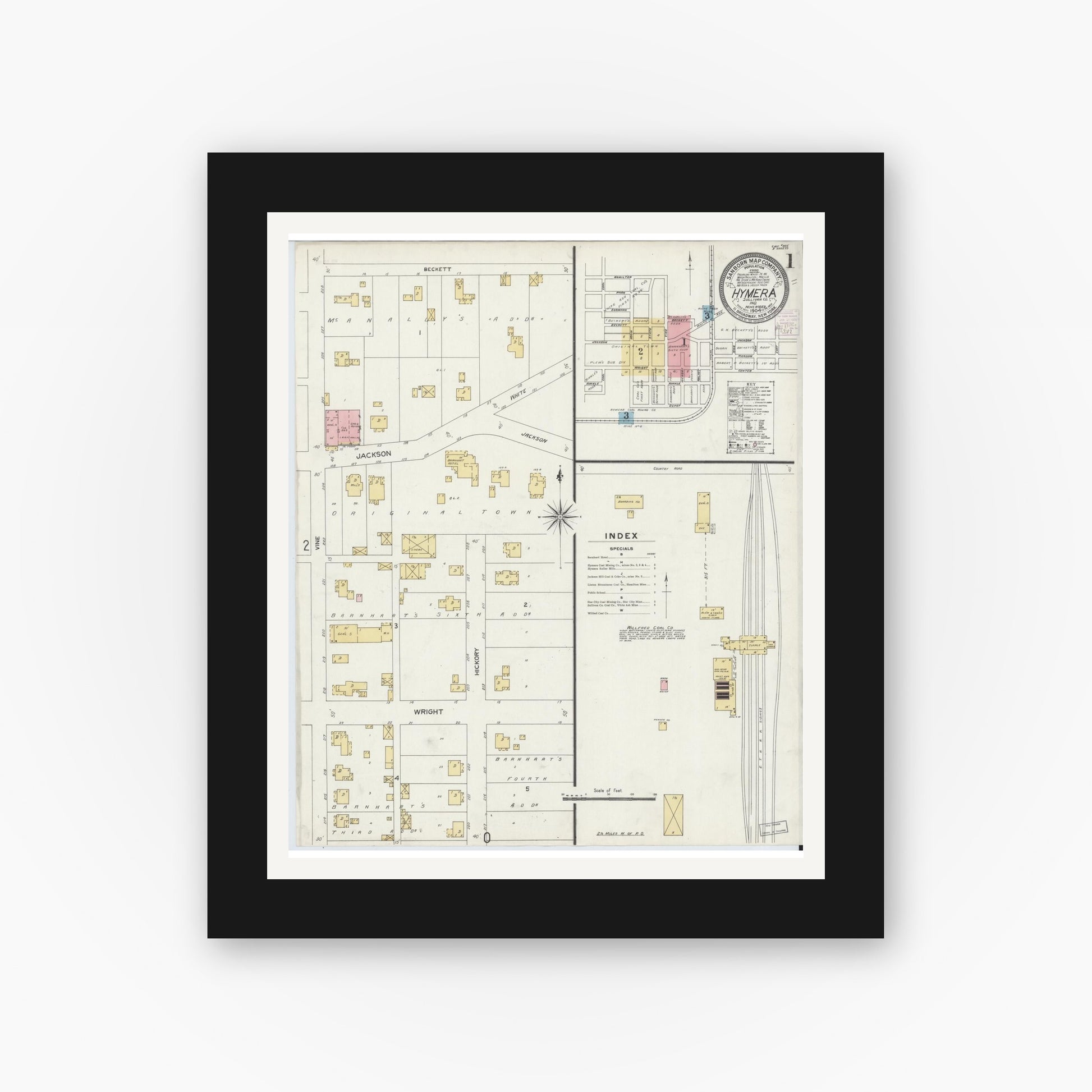 Old map wall art mockup — black gallery frame with white mat — Sanborn Fire Insurance Map from Hymera, Sullivan County, Indiana (1904) - Complete Map Set