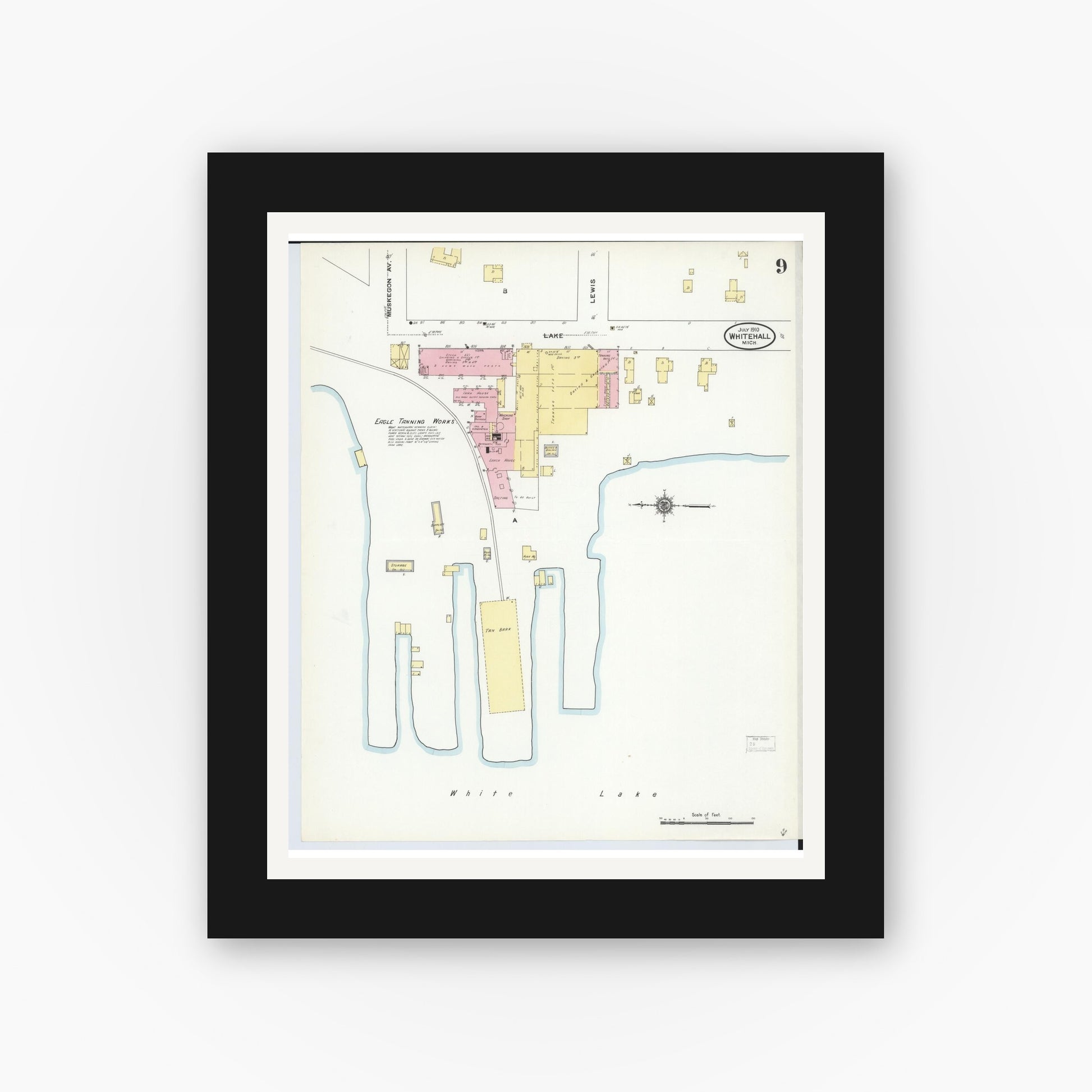 Old map wall art mockup — black gallery frame with white mat — Sanborn Fire Insurance Map from Whitehall, Muskegon County, Michigan (1910), Sheet #0009
