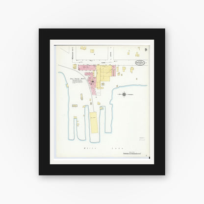 Old map wall art mockup — black gallery frame with white mat — Sanborn Fire Insurance Map from Whitehall, Muskegon County, Michigan (1910), Sheet #0009