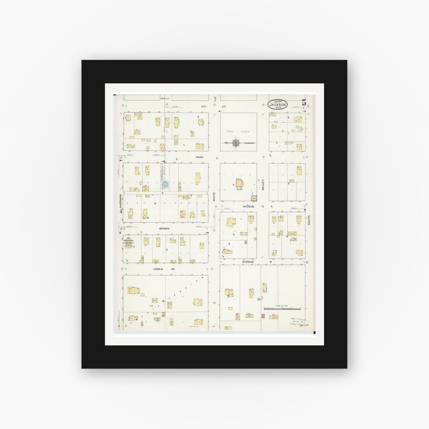 Old map wall art mockup — black gallery frame with white mat — Sanborn Fire Insurance Map from Jackson, Jackson County, Minnesota (1913), Sheet #0005