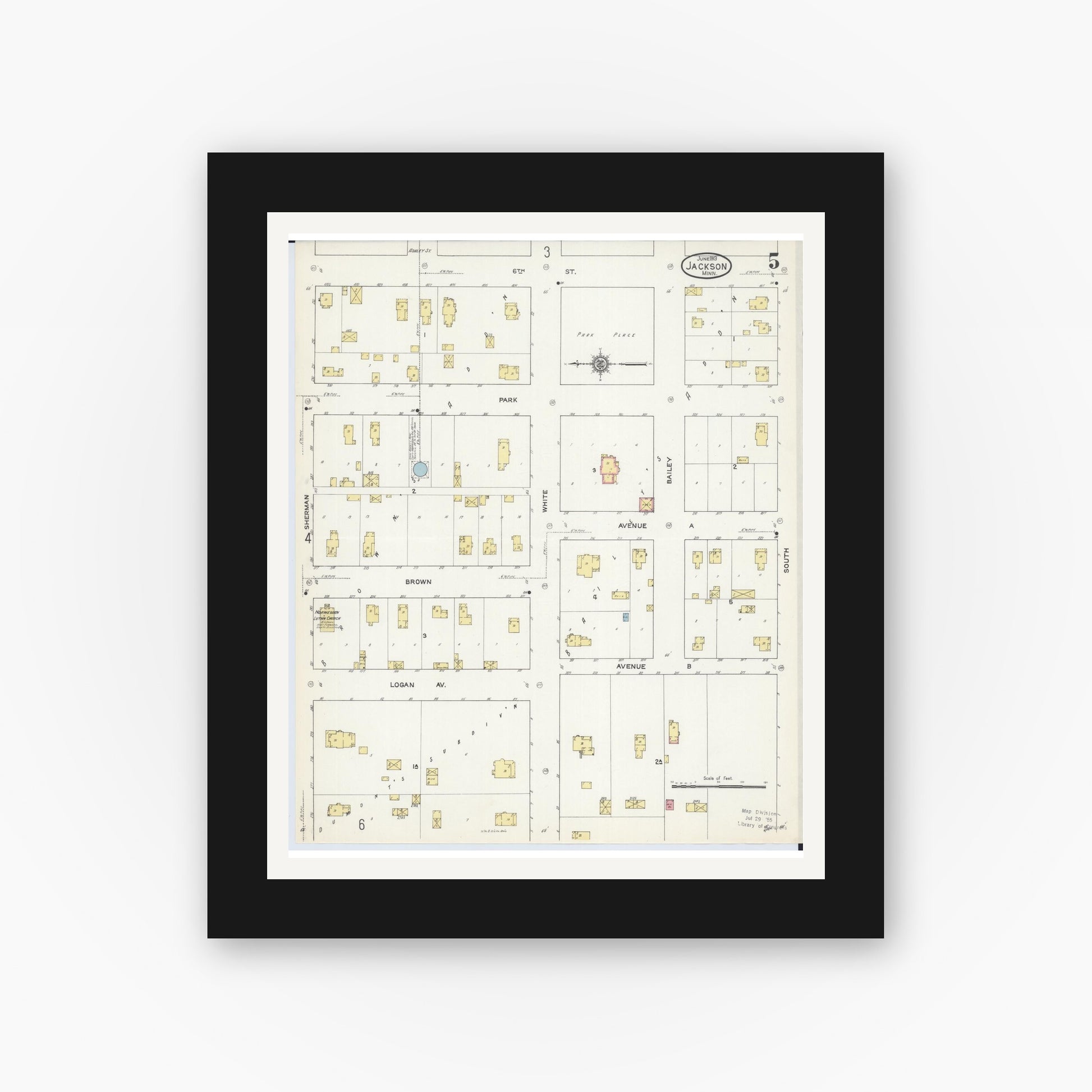 Old map wall art mockup — black gallery frame with white mat — Sanborn Fire Insurance Map from Jackson, Jackson County, Minnesota (1913), Sheet #0005