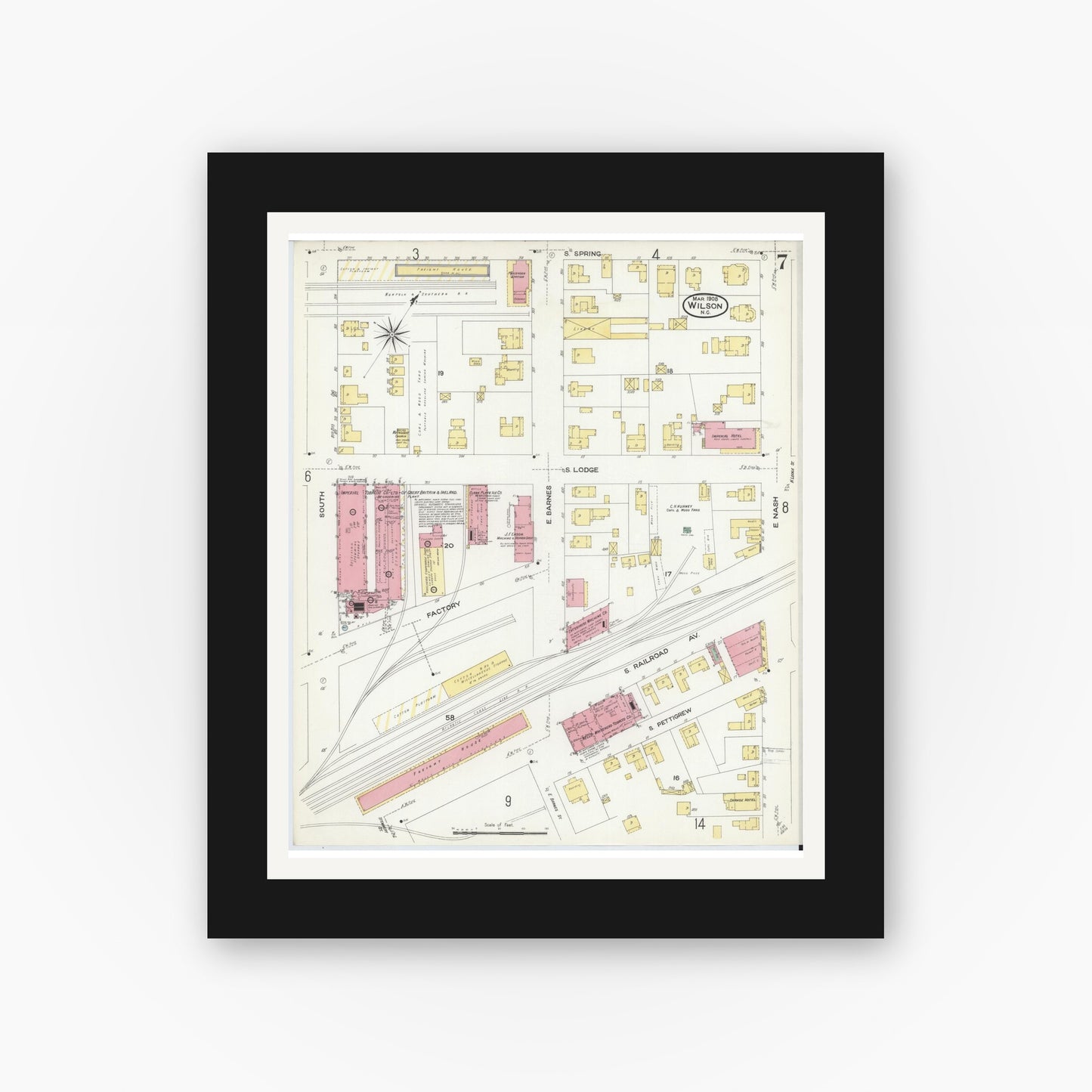 Old map wall art mockup — black gallery frame with white mat — Sanborn Fire Insurance Map from Wilson, Wilson County, North Carolina (1908), Sheet #0007