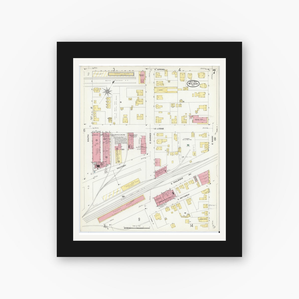 Old map wall art mockup — black gallery frame with white mat — Sanborn Fire Insurance Map from Wilson, Wilson County, North Carolina (1908), Sheet #0007