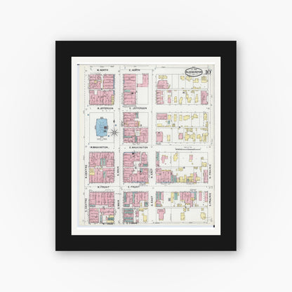 Old map wall art mockup — black gallery frame with white mat — Sanborn Fire Insurance Map from Bloomington, McLean County, Illinois (1892), Sheet #0010