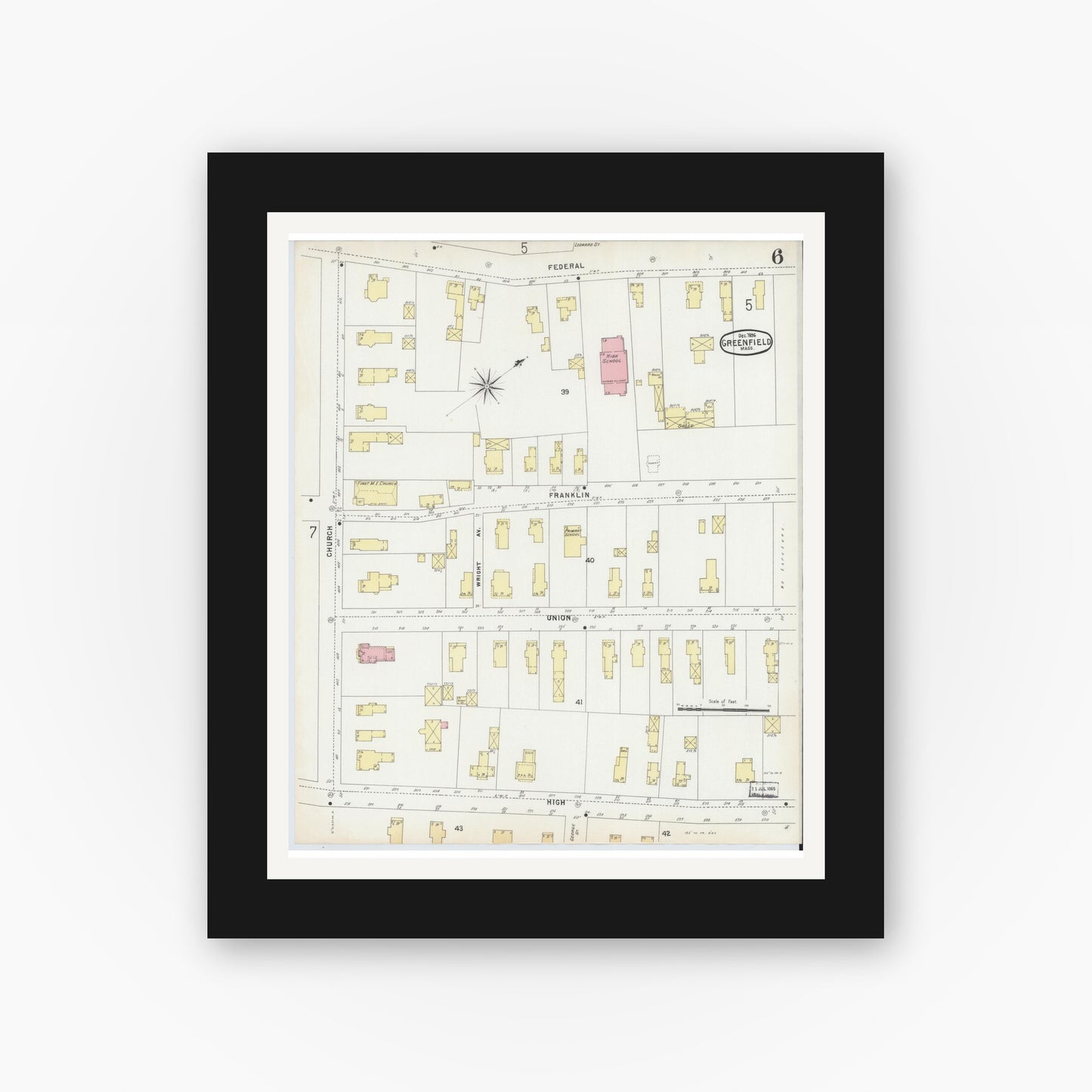 Old map wall art mockup — black gallery frame with white mat — Sanborn Fire Insurance Map from Greenfield, Franklin County, Massachusetts (1896), Sheet #0006