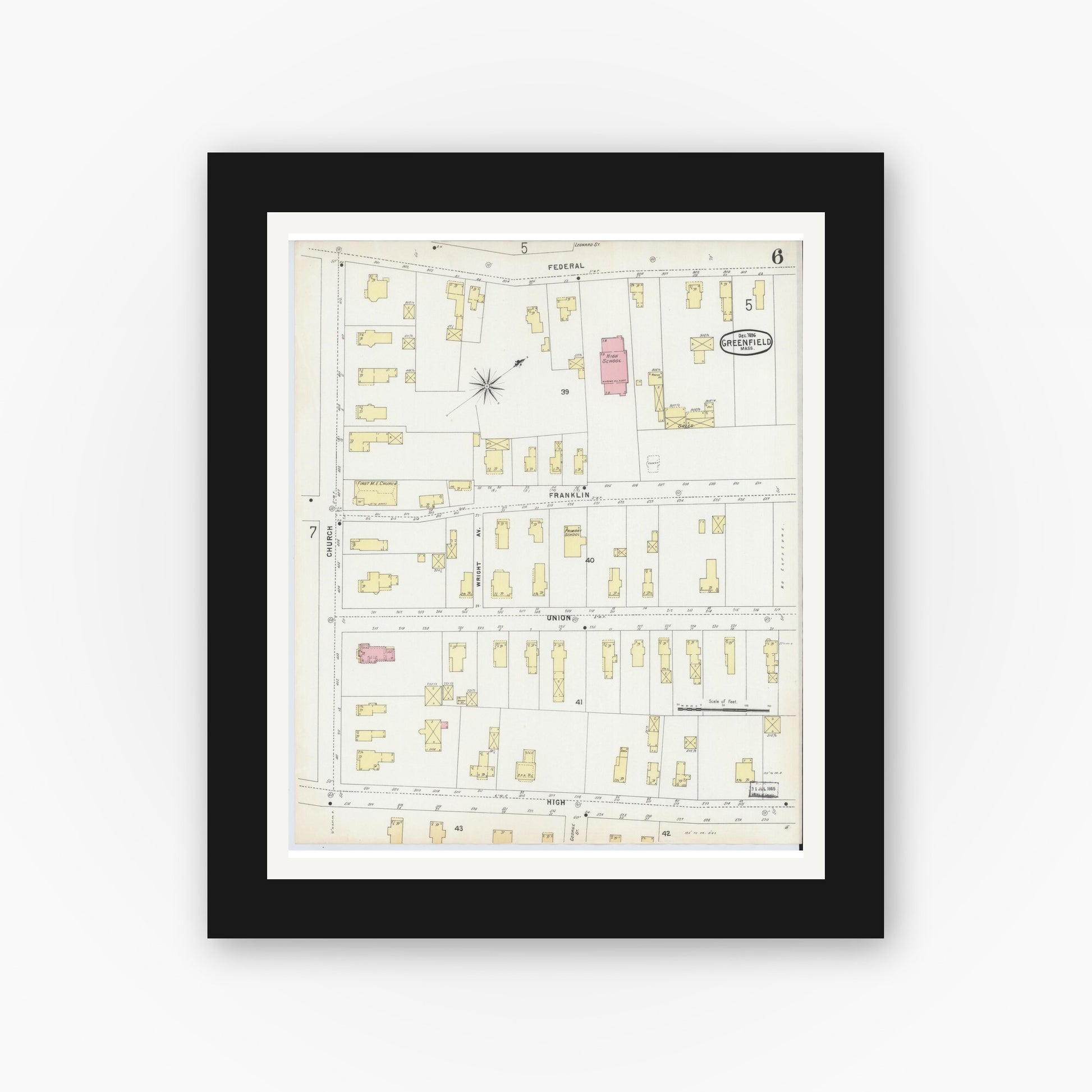 Old map wall art mockup — black gallery frame with white mat — Sanborn Fire Insurance Map from Greenfield, Franklin County, Massachusetts (1896), Sheet #0006