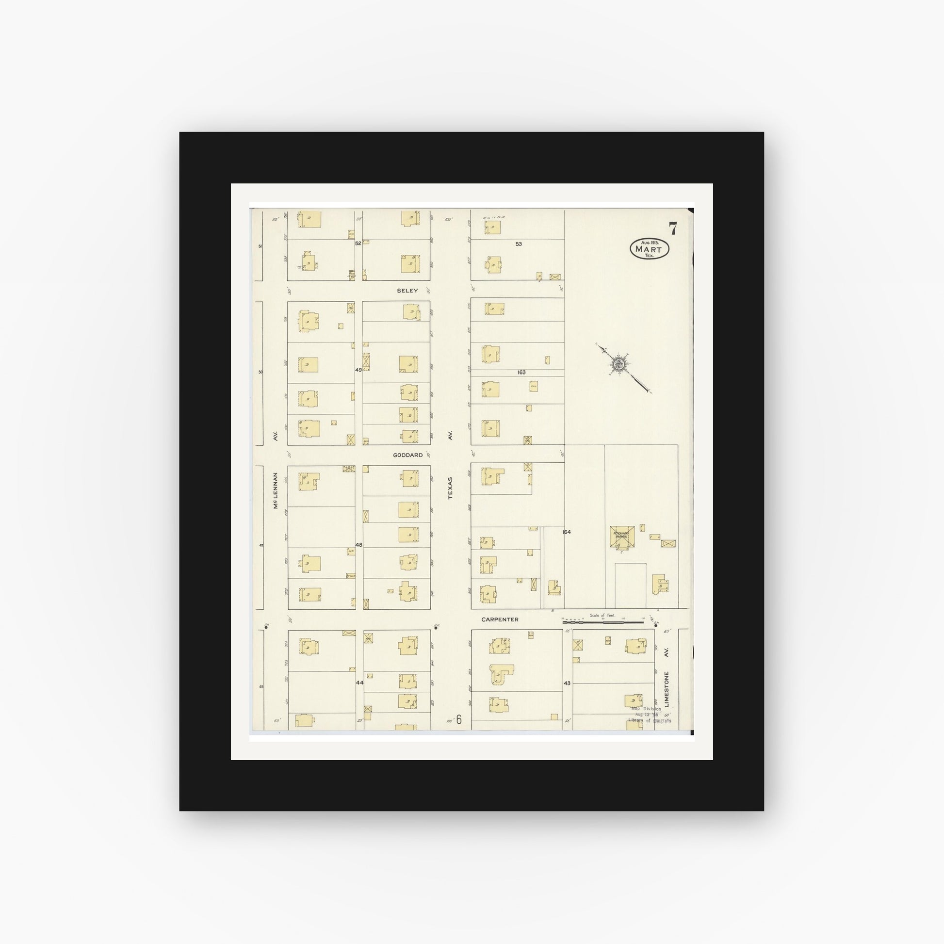 Old map wall art mockup — black gallery frame with white mat — Sanborn Fire Insurance Map from Mart, McLennan County, Texas (1915), Sheet #0007