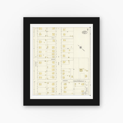 Old map wall art mockup — black gallery frame with white mat — Sanborn Fire Insurance Map from Mart, McLennan County, Texas (1915), Sheet #0007