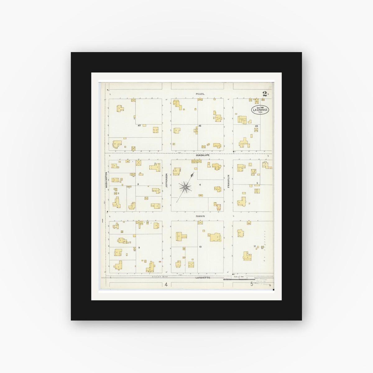 Old map wall art mockup — black gallery frame with white mat — Sanborn Fire Insurance Map from La Grange, Fayette County, Texas (1906), Sheet #0002